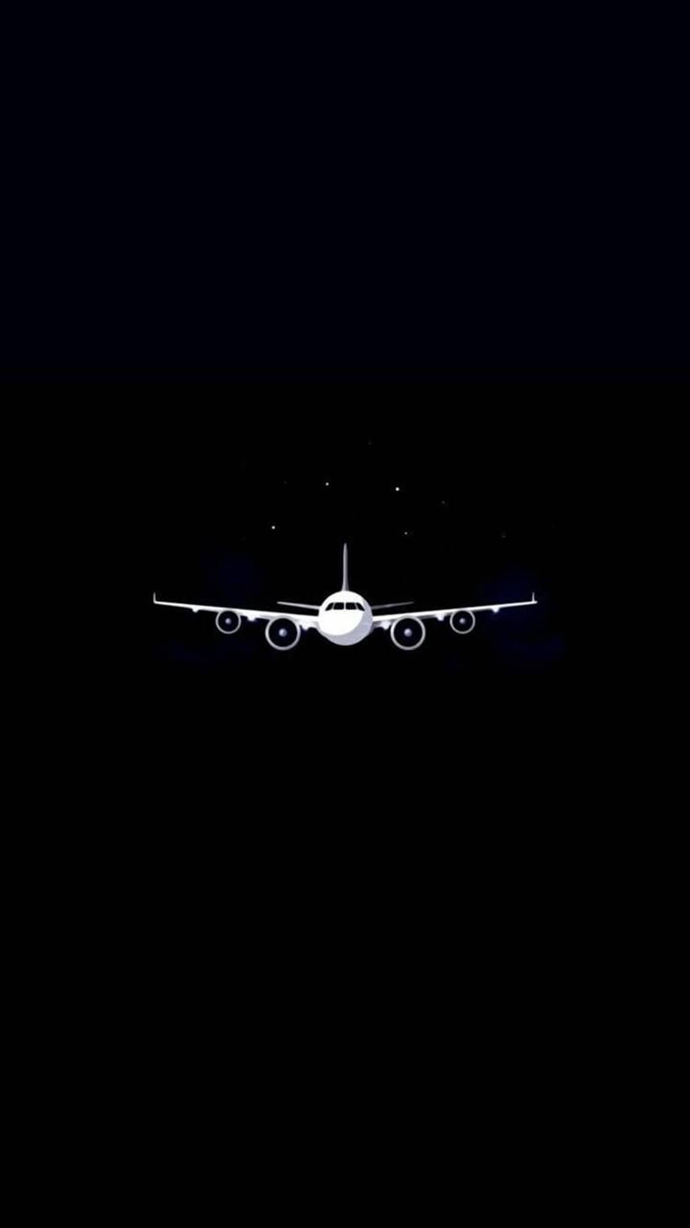 白色飛機在星夜黑色天空中飛行。 — 簡約 Android 桌布 壁紙