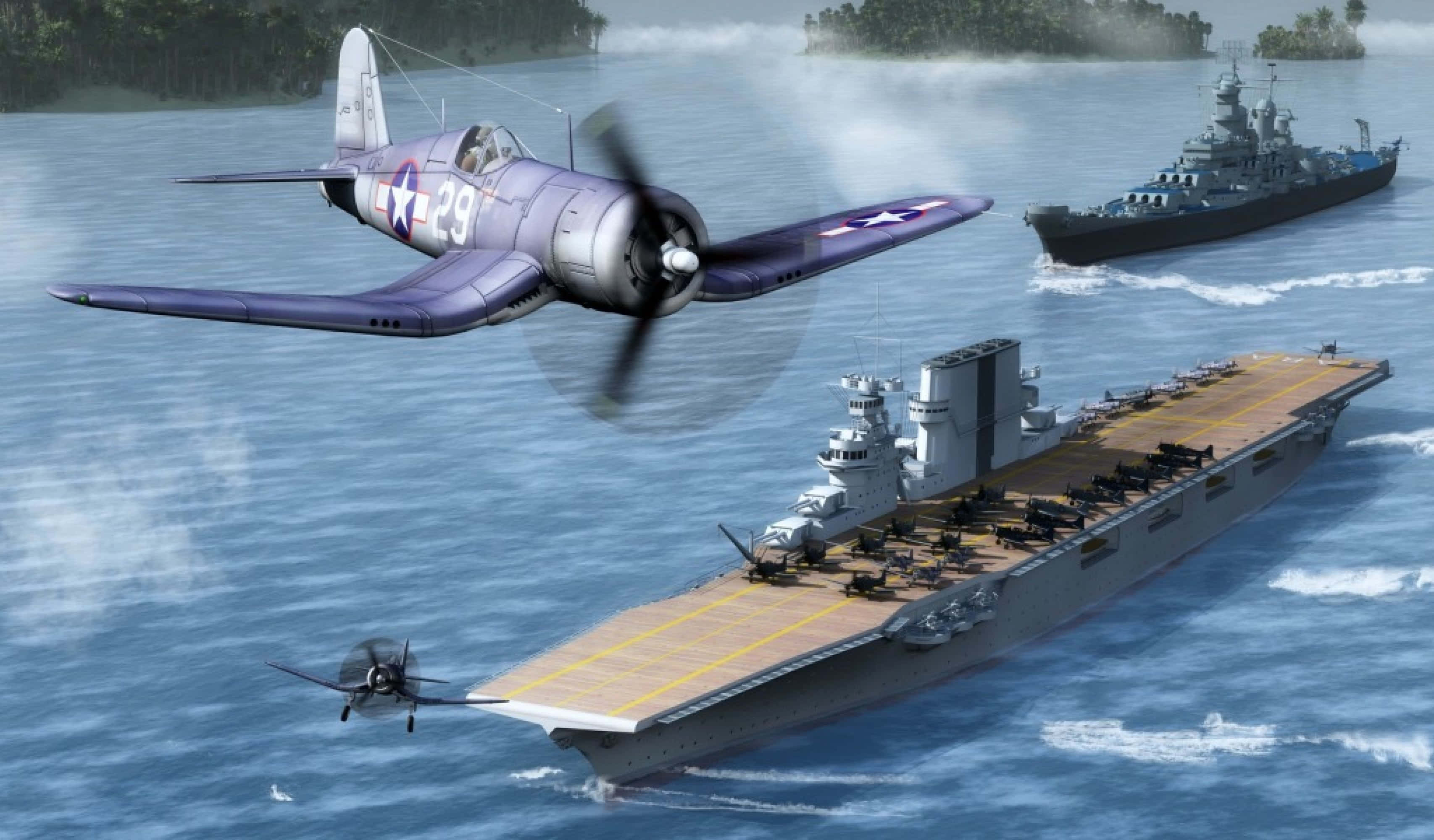 World War 2 桌布 壁紙 — 一架紫色二戰戰鬥機在灰色航空母艦和戰艦劃破藍色海洋的上方翱翔。