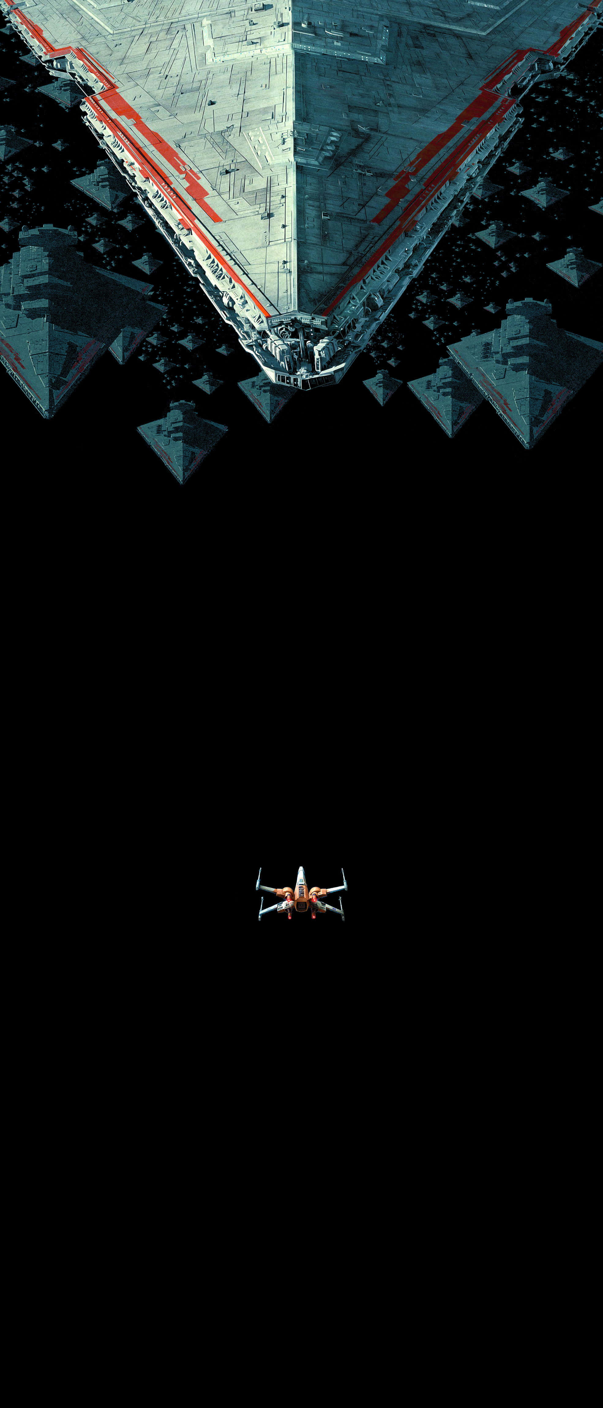 X-wing Fighter 桌布 壁紙 — 一架細小的X-wing戰機飛向巨大的帝國滅星者，背景是無星的虛空。