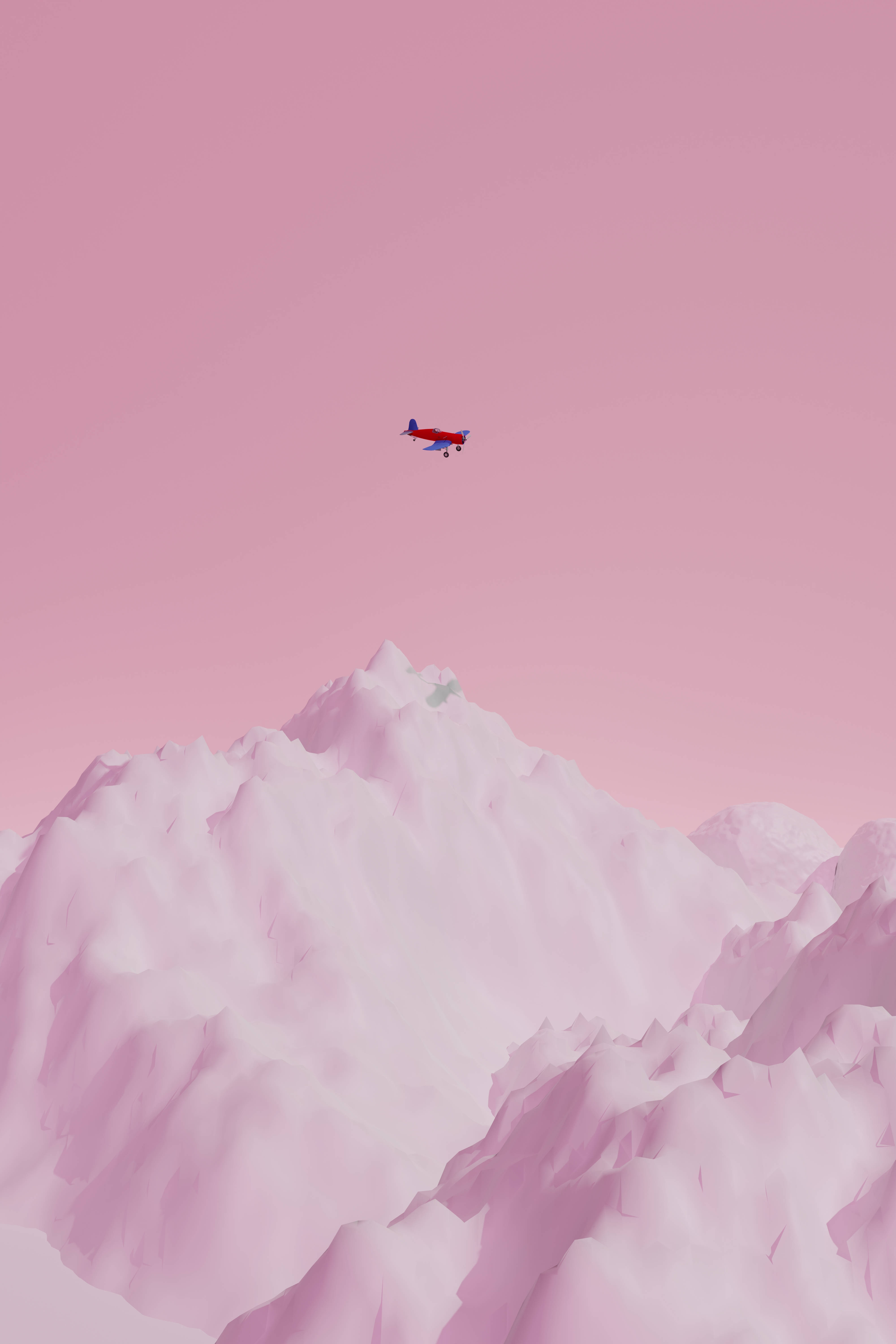 mobile 3d 桌布 壁紙 — 一架細小的紅色飛機在柔和的粉紅色天空下，翱翔於廣闊的粉紅色山脈之上。