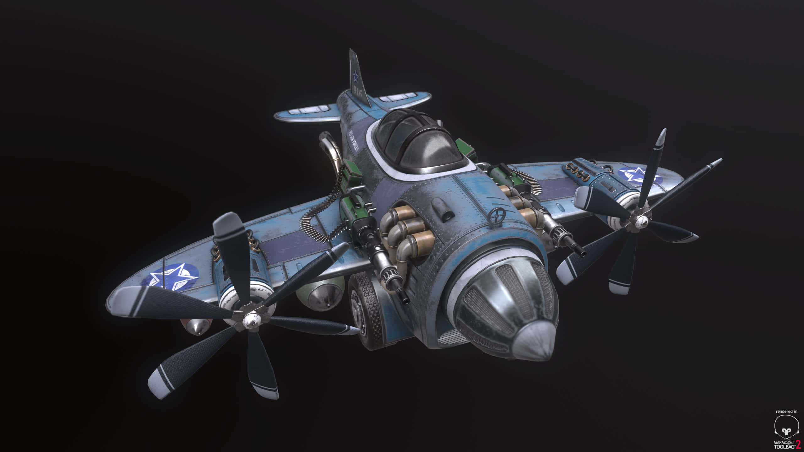 1440p Plane 桌布 壁紙 — 一架細節豐富的3D渲染復古軍用飛機，配備多個螺旋槳和星形標誌，在黑暗虛空中滑翔。