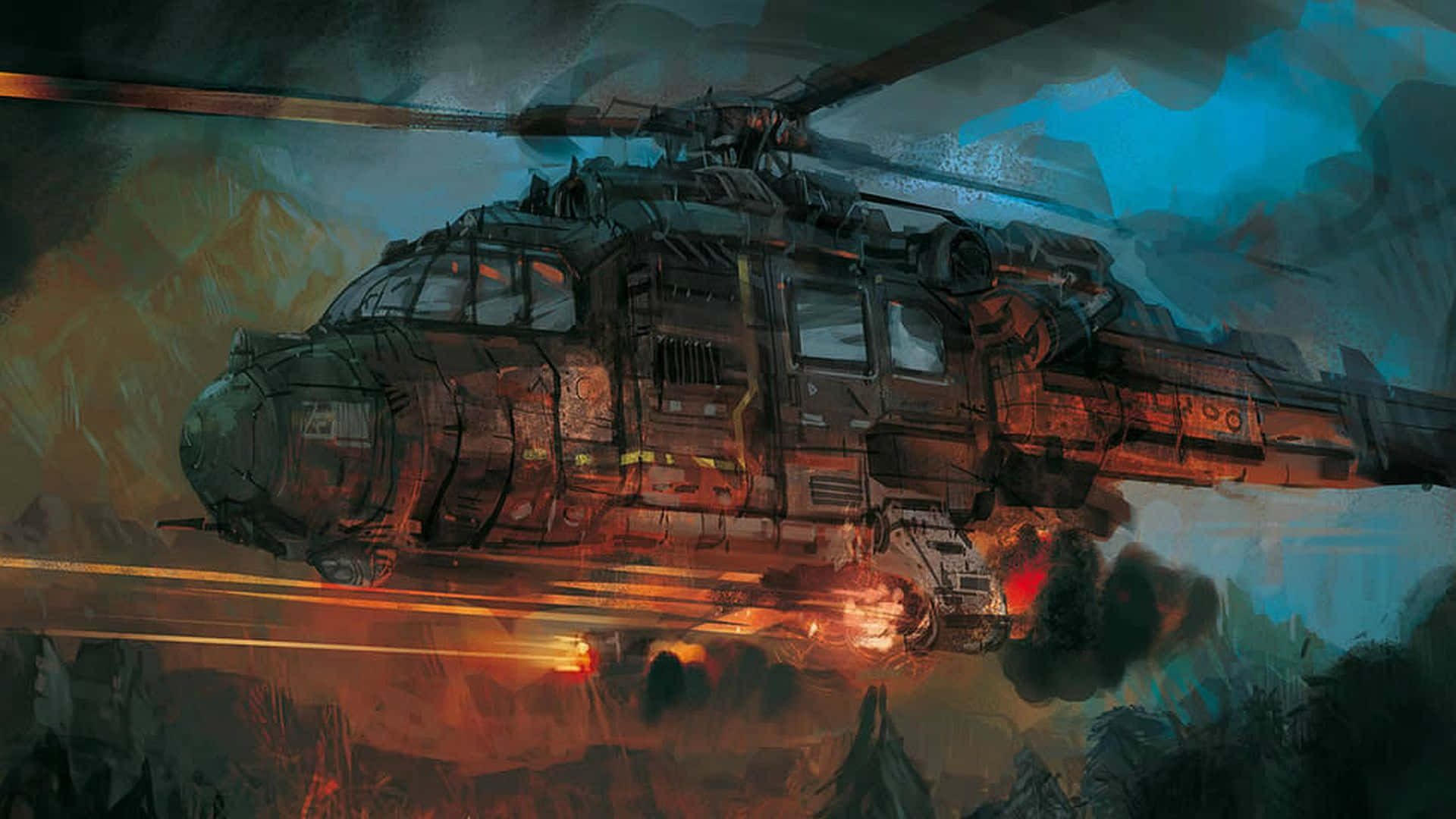 Helicopters 桌布 壁紙 — 一架經歷戰鬥的直升機在風暴暮色天空下，穿過火熱的薄霧發射武器。