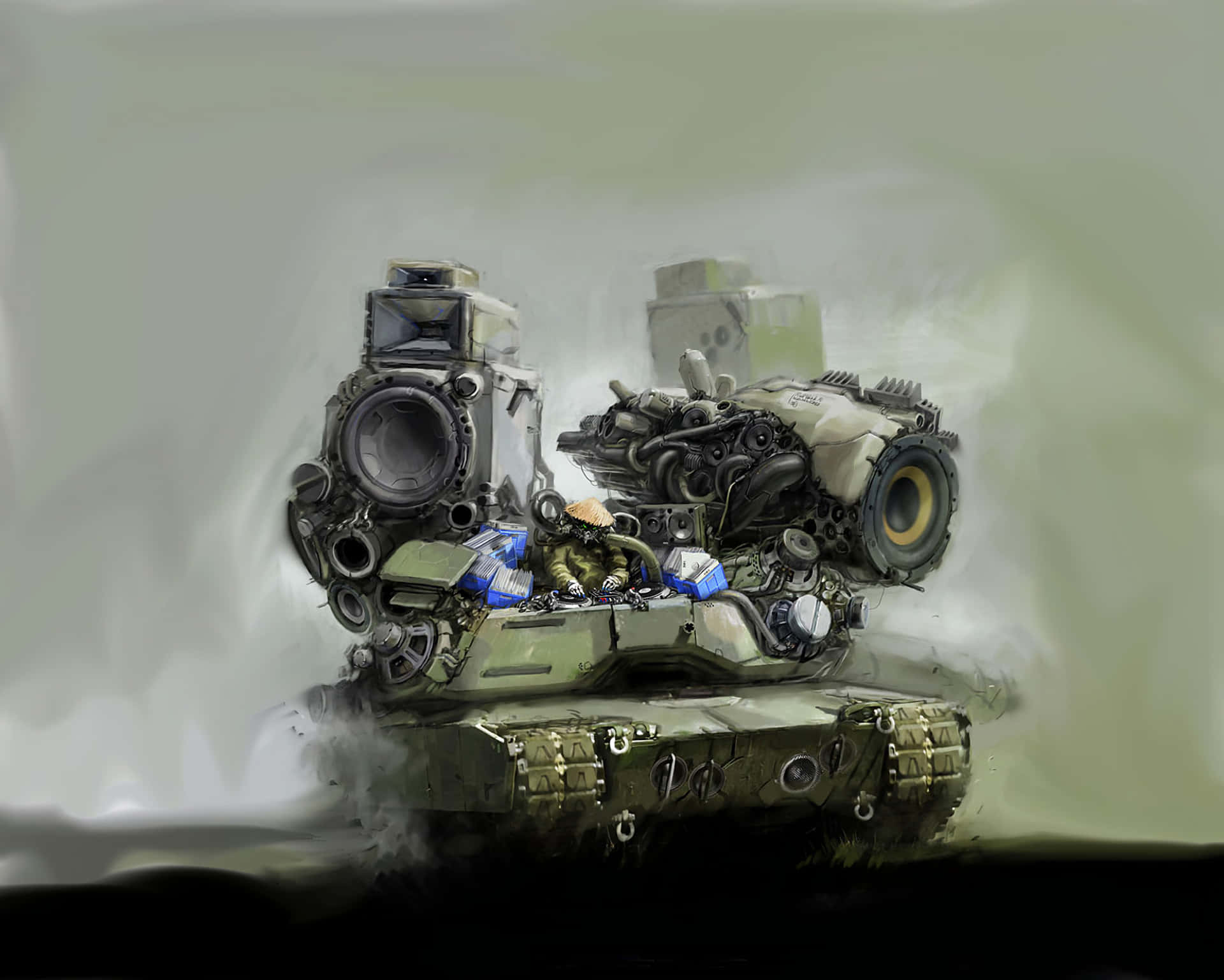 Illustration Art 桌布 壁紙 — 一架經過大幅改裝的軍用坦克，帶有外露的機械部件和發光的藍色裝飾，在煙霧中穿過迷霧戰場。