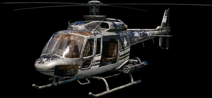 Helicopter 桌布 壁紙 — 一架經過風化的軍用直升機，帶有藍色和銀色迷彩，放置在純黑色背景上。