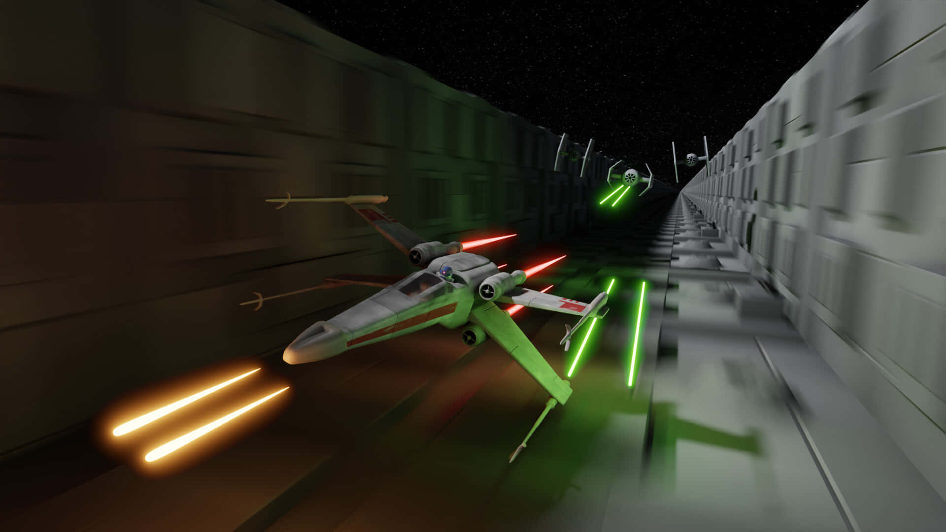 The Trench Run 桌布 壁紙 — 一架綠色X翼戰機穿過狹窄的太空走廊，向敵艦發射紅色和綠色的雷射。