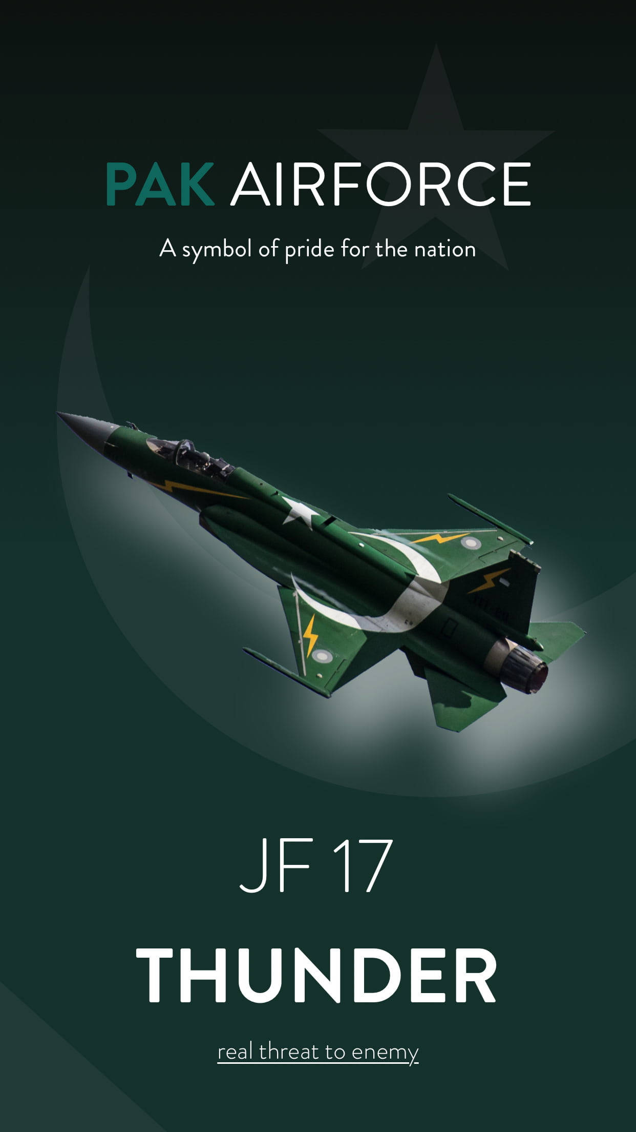 Air Force 桌布 壁紙 — 一架綠色和白色的JF 17 Thunder戰鬥機在深綠色背景上翱翔，帶有巴基斯坦空軍徽章和文字。