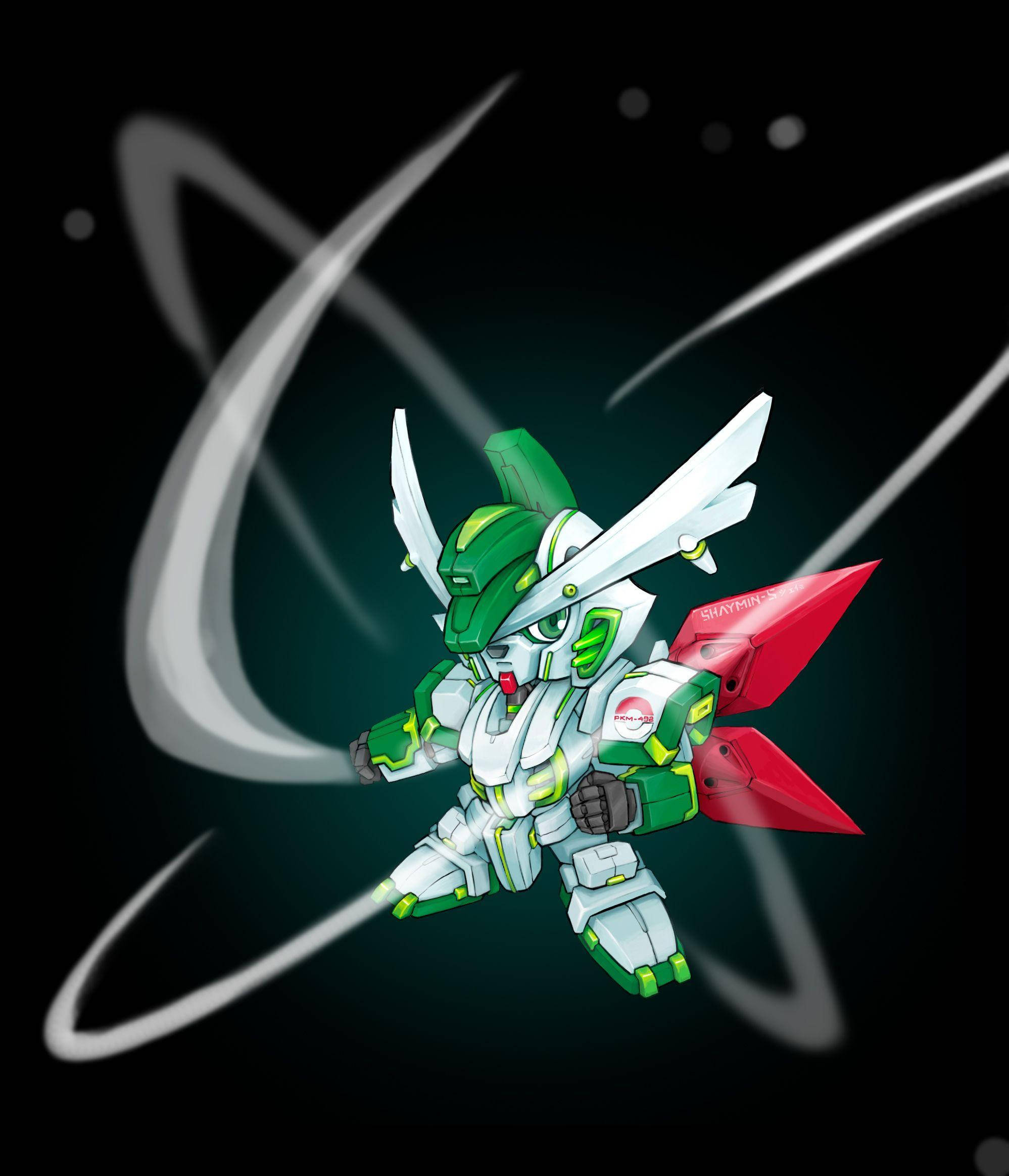 Shaymin 桌布 壁紙 — 一架綠色和白色的動漫風格機甲，帶有紅色翅膀，在黑暗空間中疾馳，留下發光的運動軌跡。