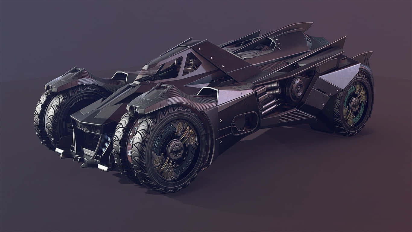 1366x768 Batmobile 桌布 壁紙 — 一架線條流暢的黑色裝甲蝙蝠車，配備巨型輪胎和棱角設計，在深色漸變背景前蓄勢待發。