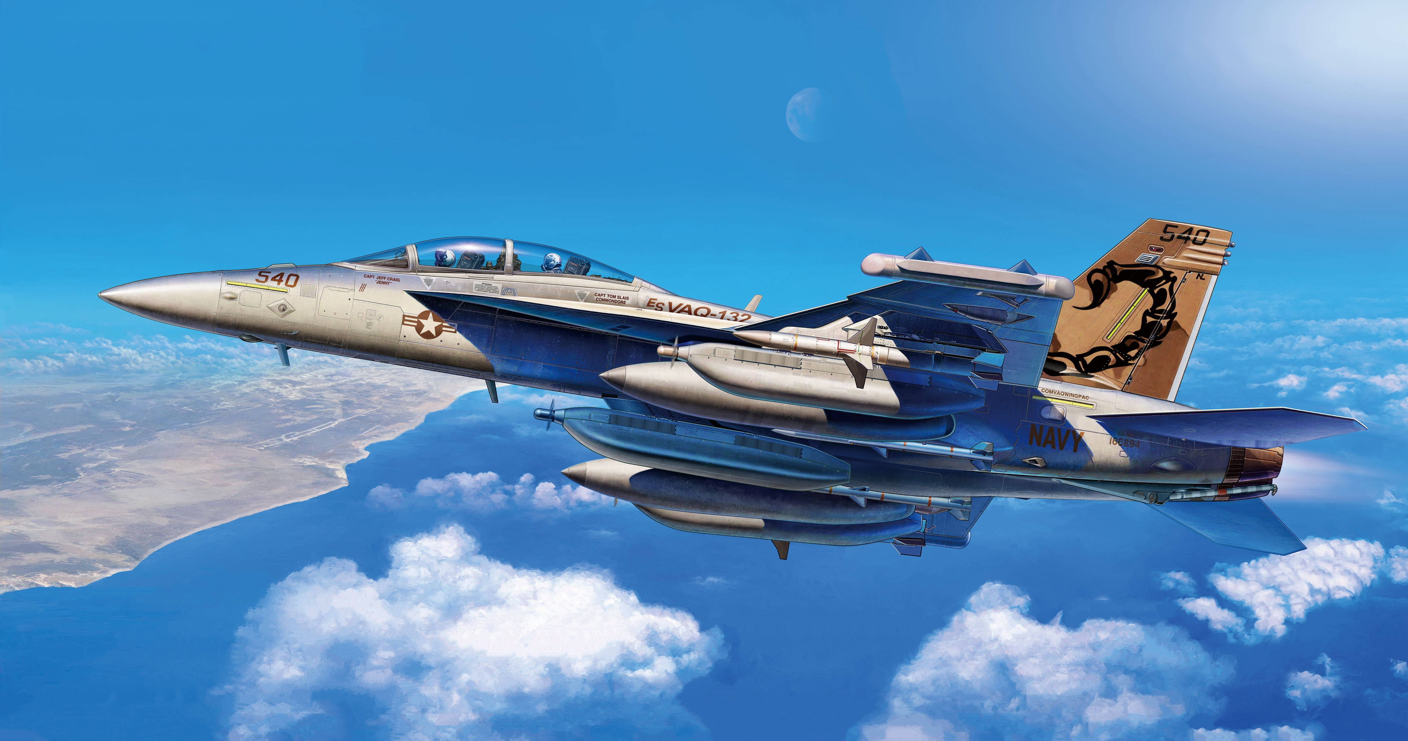 Plane 桌布 壁紙 — 一架美國海軍F/A-18超級大黃蜂戰鬥機在蓬鬆的白雲上方翱翔，明亮的藍天上可見一彎新月。