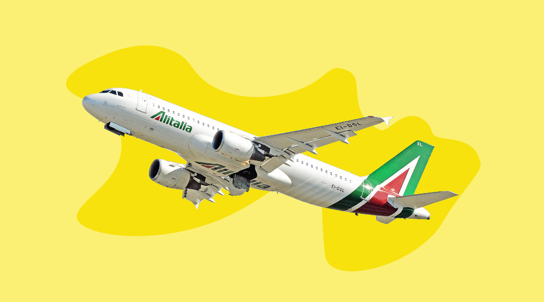 飛機 桌布 壁紙 — 一架義大利航空飛機在帶有柔和有機形狀的醒目黃色抽象背景上翱翔。