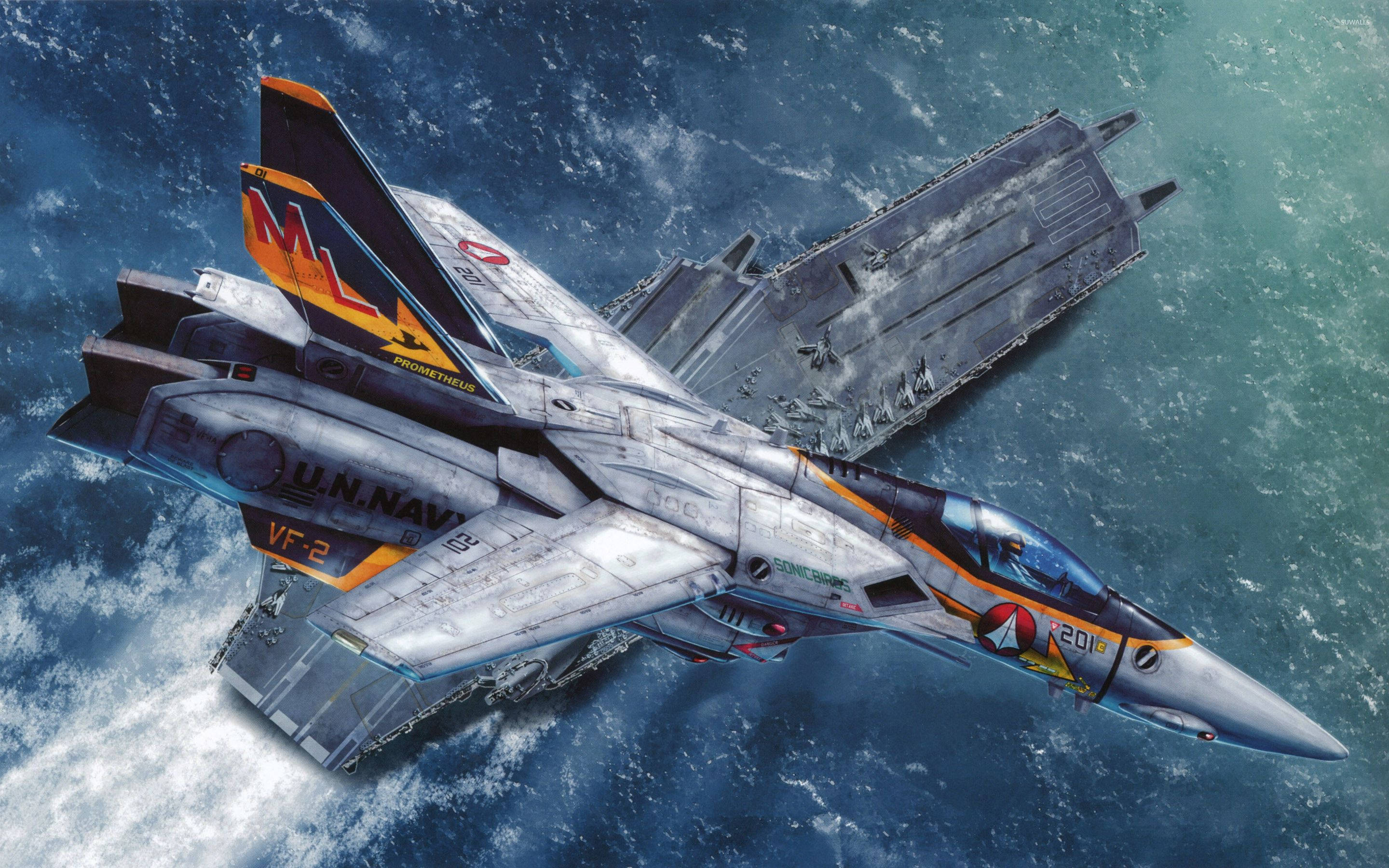 Macross 桌布 壁紙 — 一架聯合國海軍戰鬥機在明亮的日光下翱翔於一艘正在穿越洶湧海浪的軍艦之上。