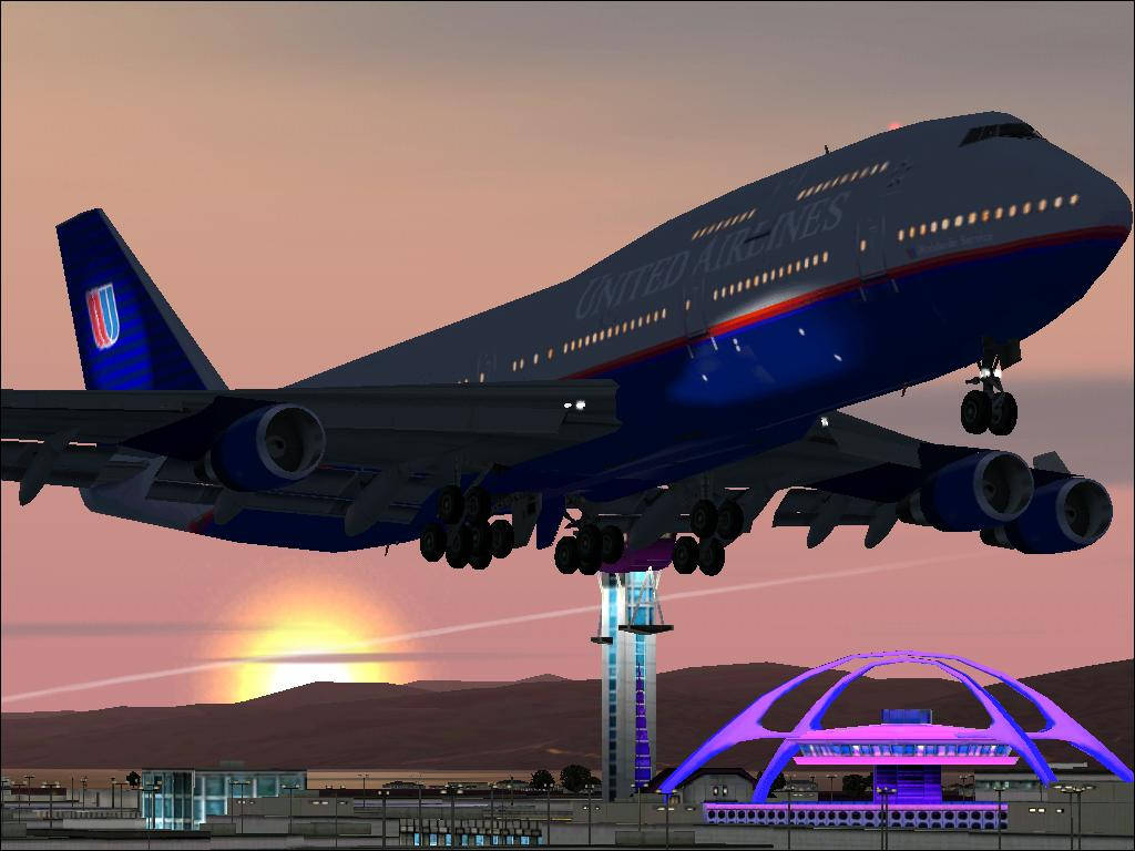 飛機 桌布 壁紙 — 一架聯合航空波音747在日落時低飛過一座帶有發光紫色建築的未來主義機場。