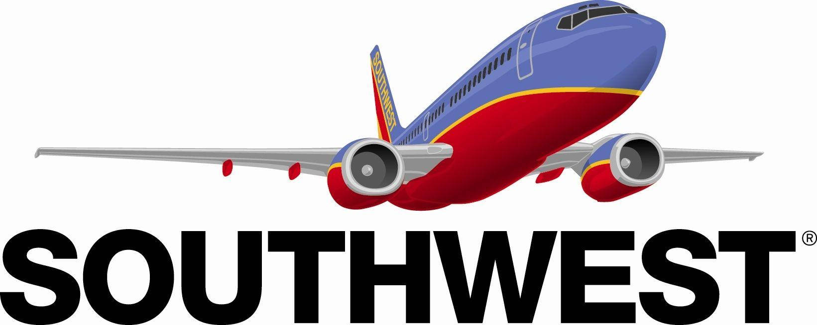 Plane 桌布 壁紙 — 一架色彩鮮豔的卡通風格西南航空飛機，帶有藍色、紅色和黃色塗裝，在粗體黑色文字上方飛行。