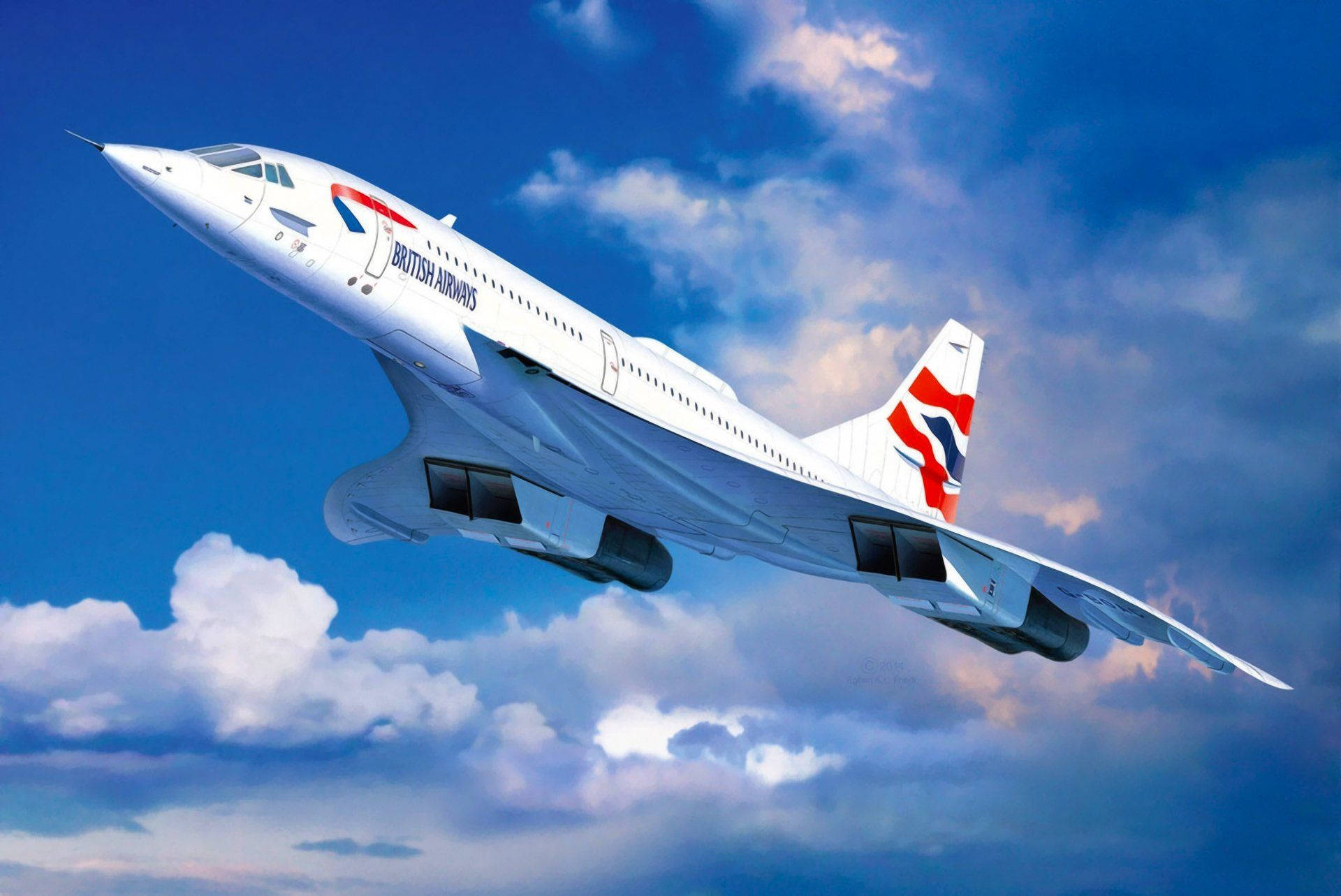 飛機 桌布 壁紙 — 一架英國航空協和式超音速噴射機在點綴著蓬鬆白雲的鮮豔藍天中優雅翱翔。