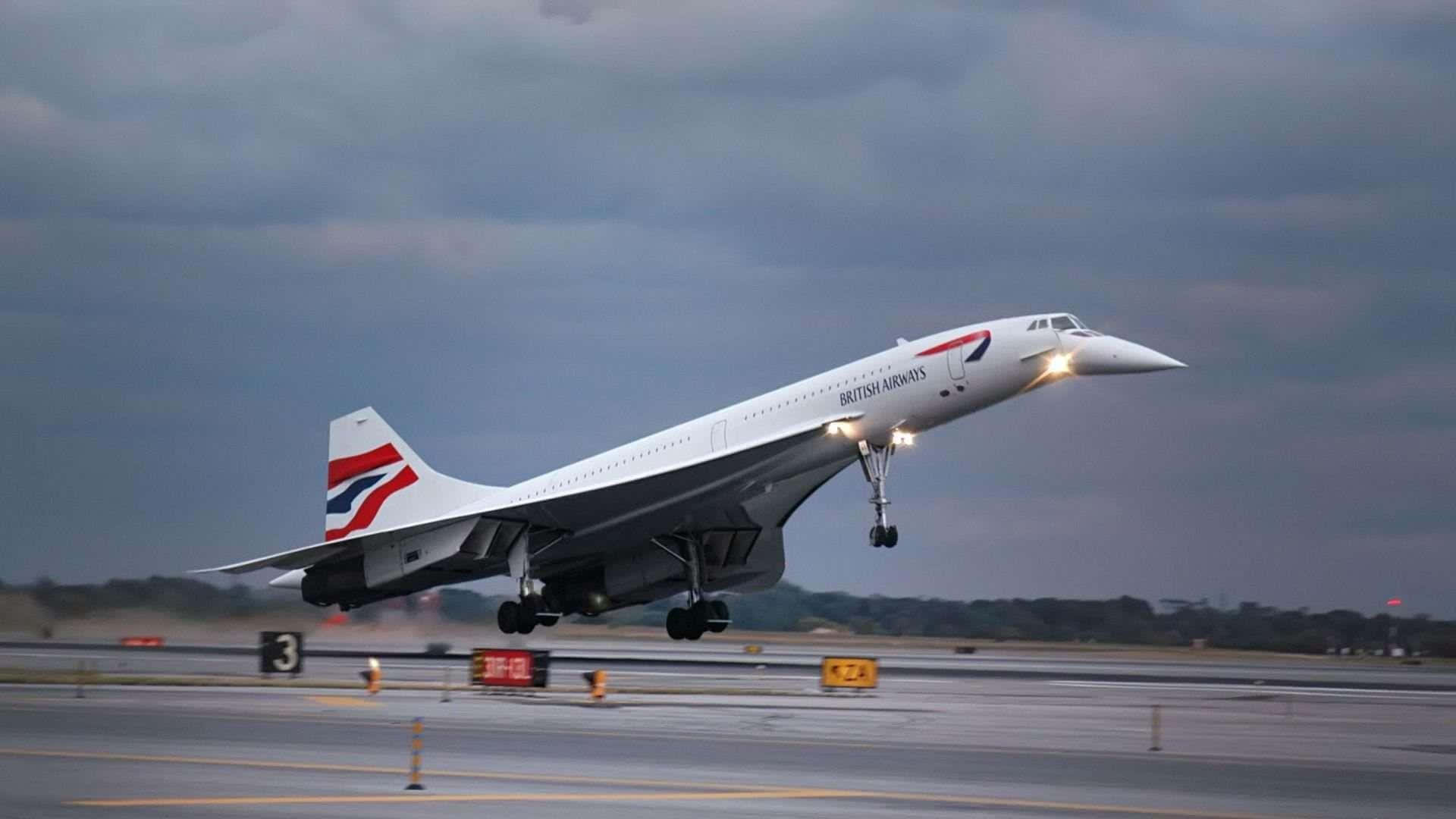Flight 桌布 壁紙 — 一架英國航空的協和式客機在多雲的天空下從跑道起飛，降落燈閃爍。