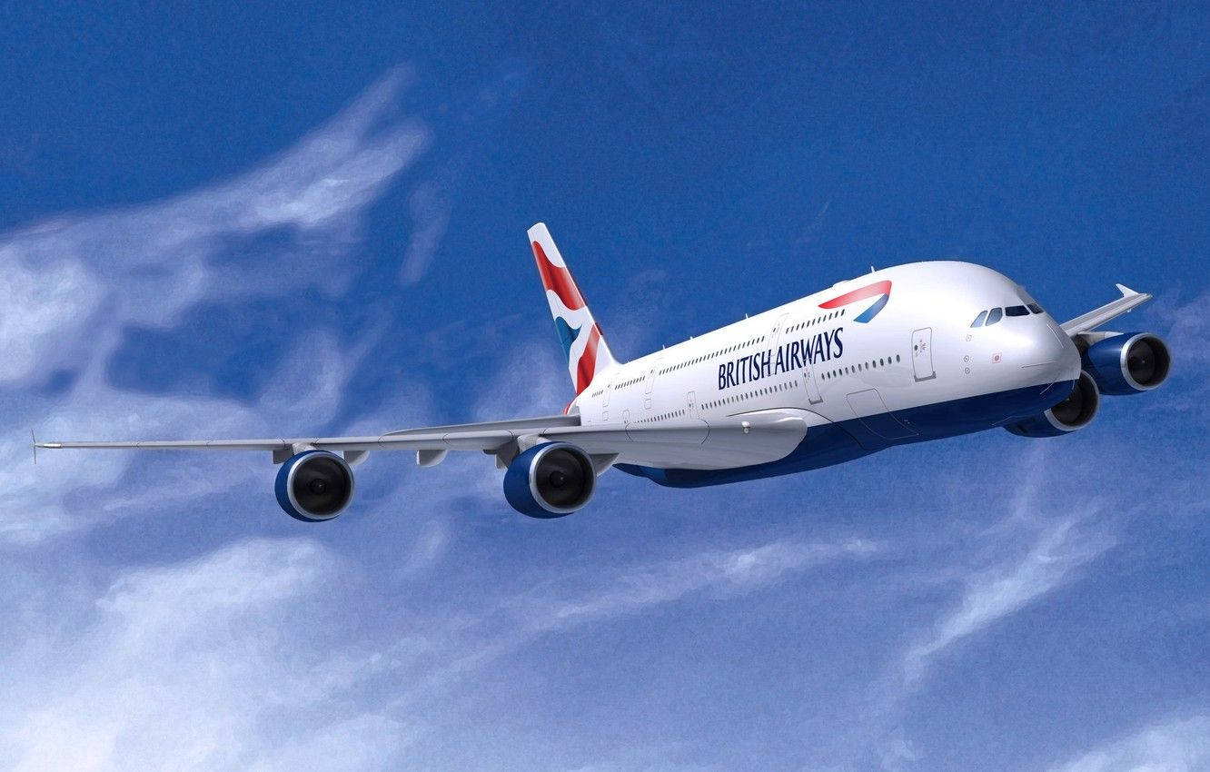 飛機 桌布 壁紙 — 一架英國航空的空中巴士A380在藍天白雲中優雅翱翔。