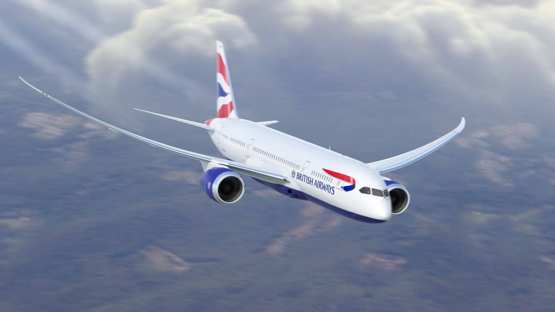Plane 桌布 壁紙 — 一架英國航空飛機優雅地翱翔在蓬鬆的雲層之上，下方可見地球。