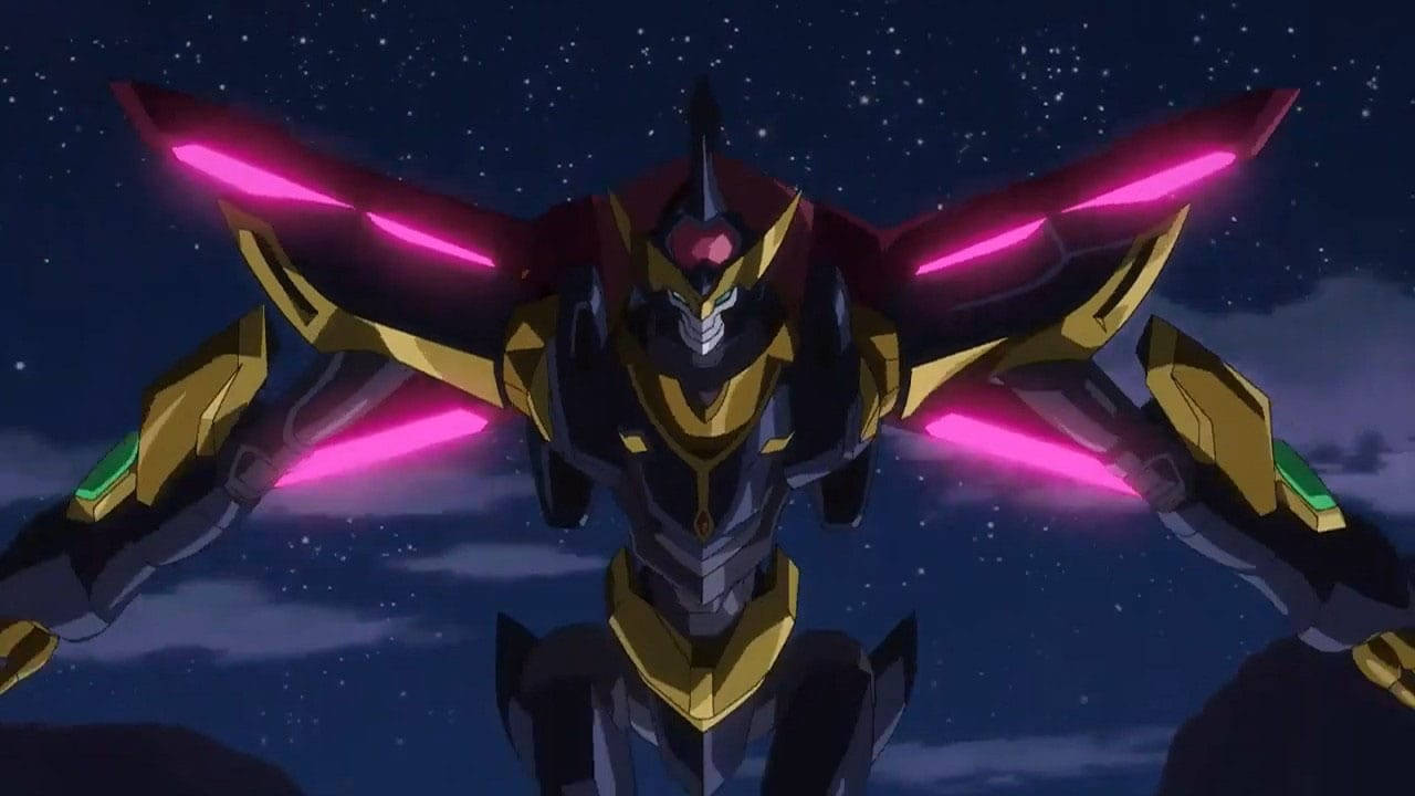 lelouch lamperouge 桌布 壁紙 — 一架華麗的金黑色機甲，帶有發光的粉紅色翅膀，矗立在繁星點點的夜空下。