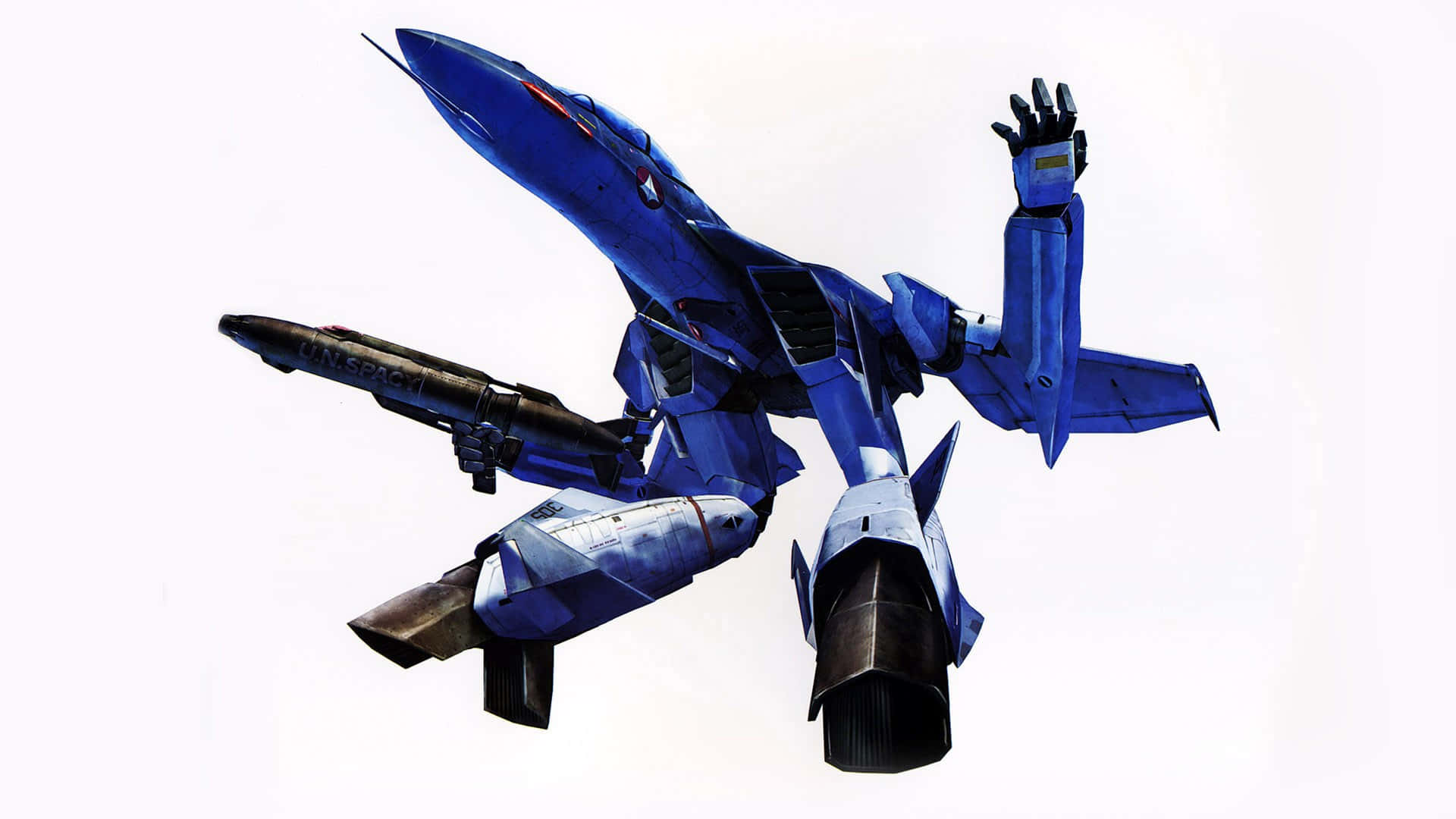 robotech 桌布 壁紙 — 一架藍色未來風格的噴射機，配備機械臂和飛彈，在純白背景上翱翔。