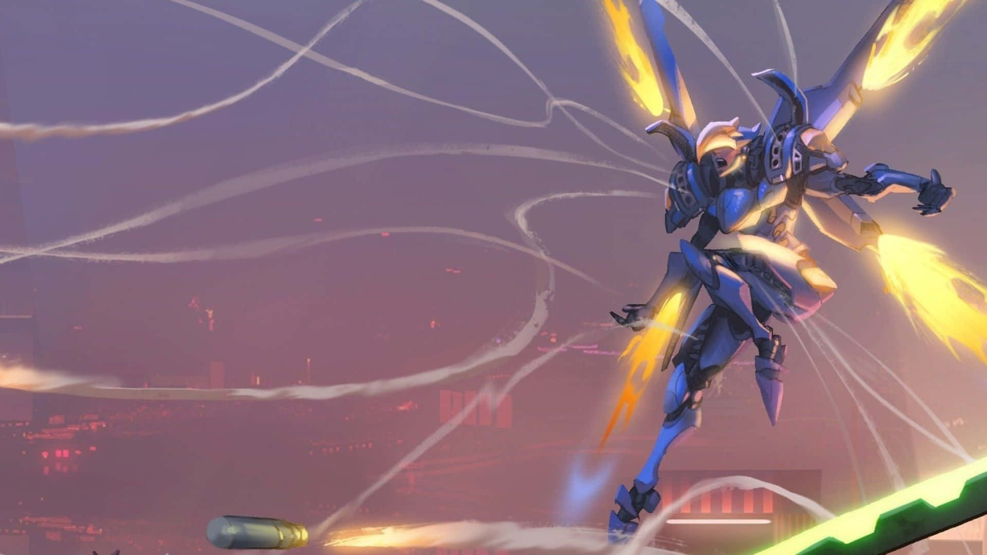 Overwatch Pharah 桌布 壁紙 — 一架藍色裝甲機甲，帶有發光的黃色翅膀和推進器，在黃昏時分動態地飛越發光的城市景觀。