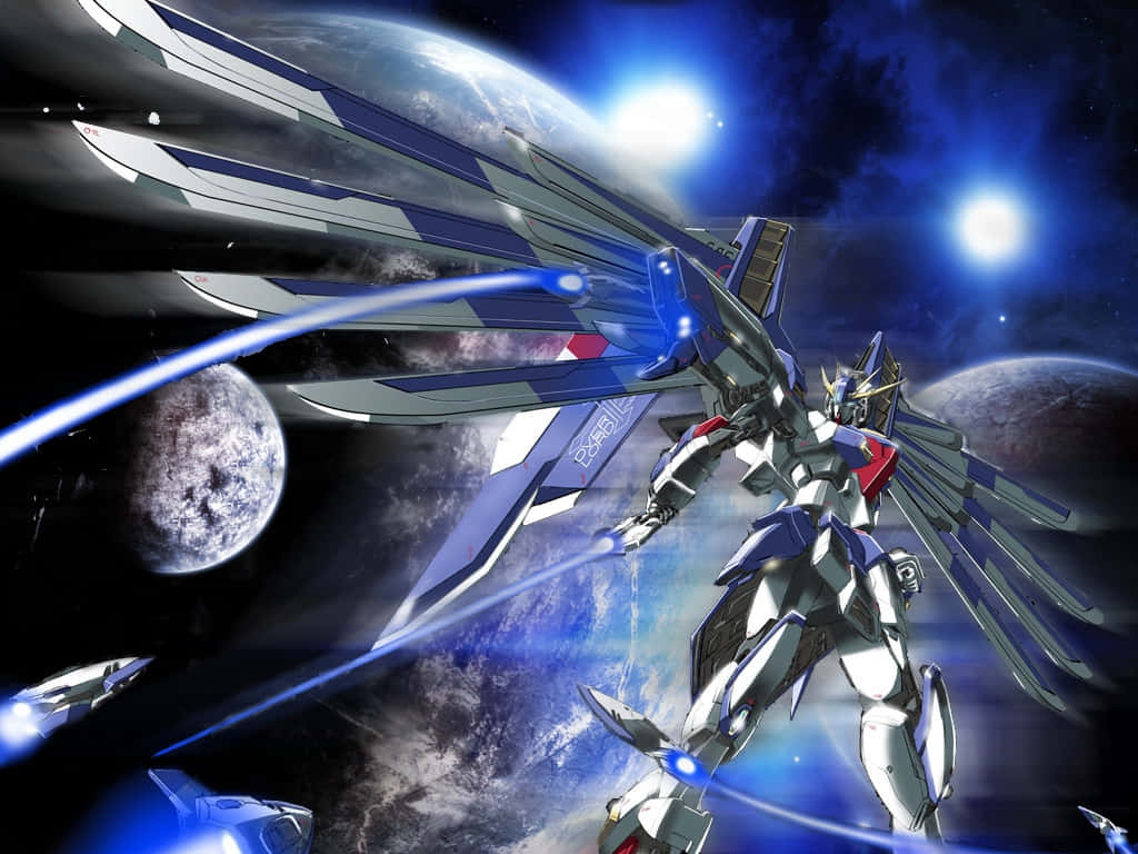  壁紙 — 一架藍銀色、帶翼狀裝甲的機動戰士在閃爍星星下的太空，在行星和月球附近發射光束。