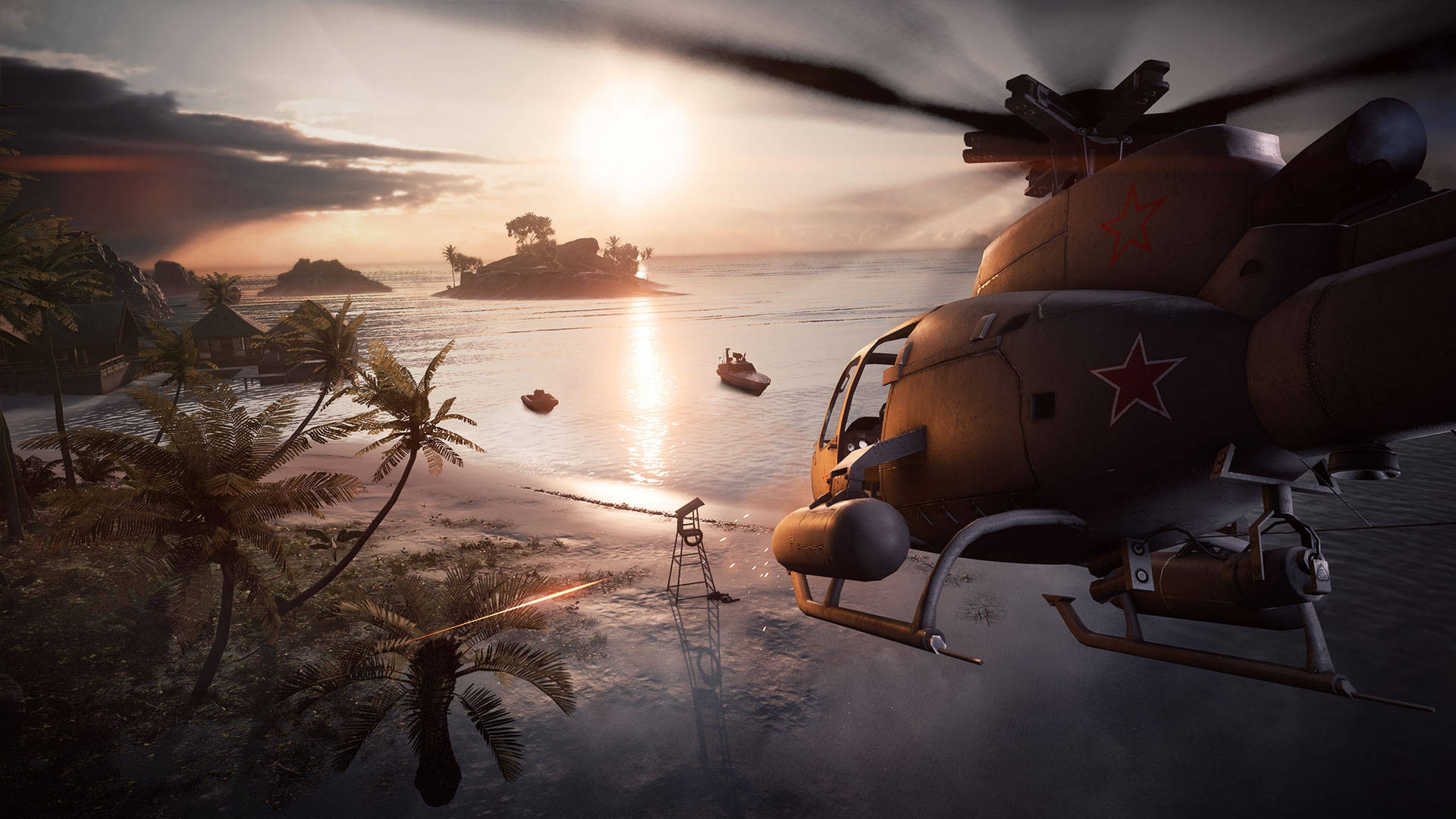 Battlefield 4 桌布 壁紙 — 一架蘇聯時代的直升機在日落時分盤旋在熱帶海灘上空，棕櫚樹和遠處島嶼在溫暖的光線中閃耀。
