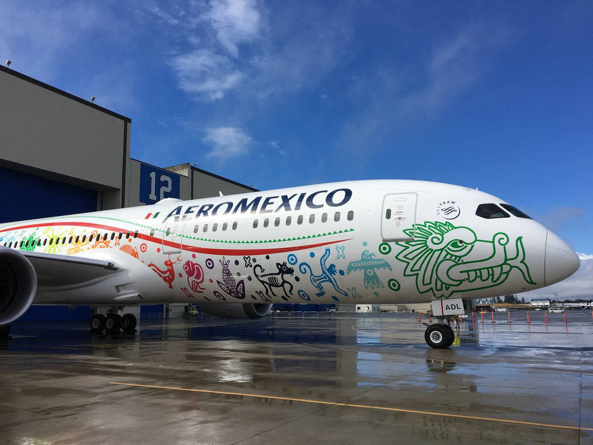 Airport 桌布 壁紙 — 一架裝飾著色彩繽紛的墨西哥原住民藝術品的活潑 Aeromexico 飛機，停在潮濕的停機坪上，天空湛藍。