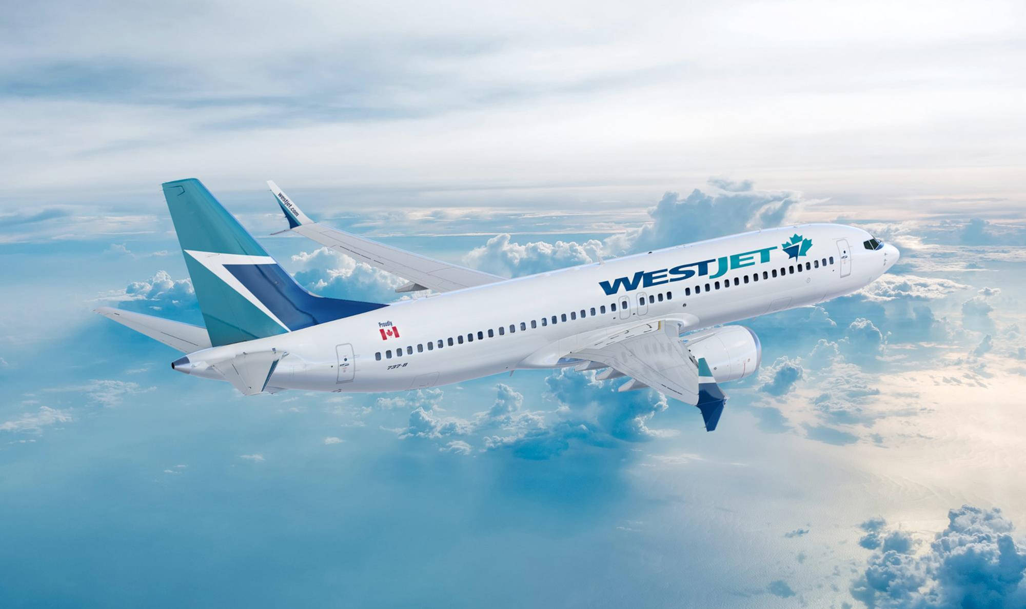 flying 桌布 壁紙 — 一架西捷航空飛機在柔和的藍天背景下優雅地翱翔於蓬鬆的白雲之上。