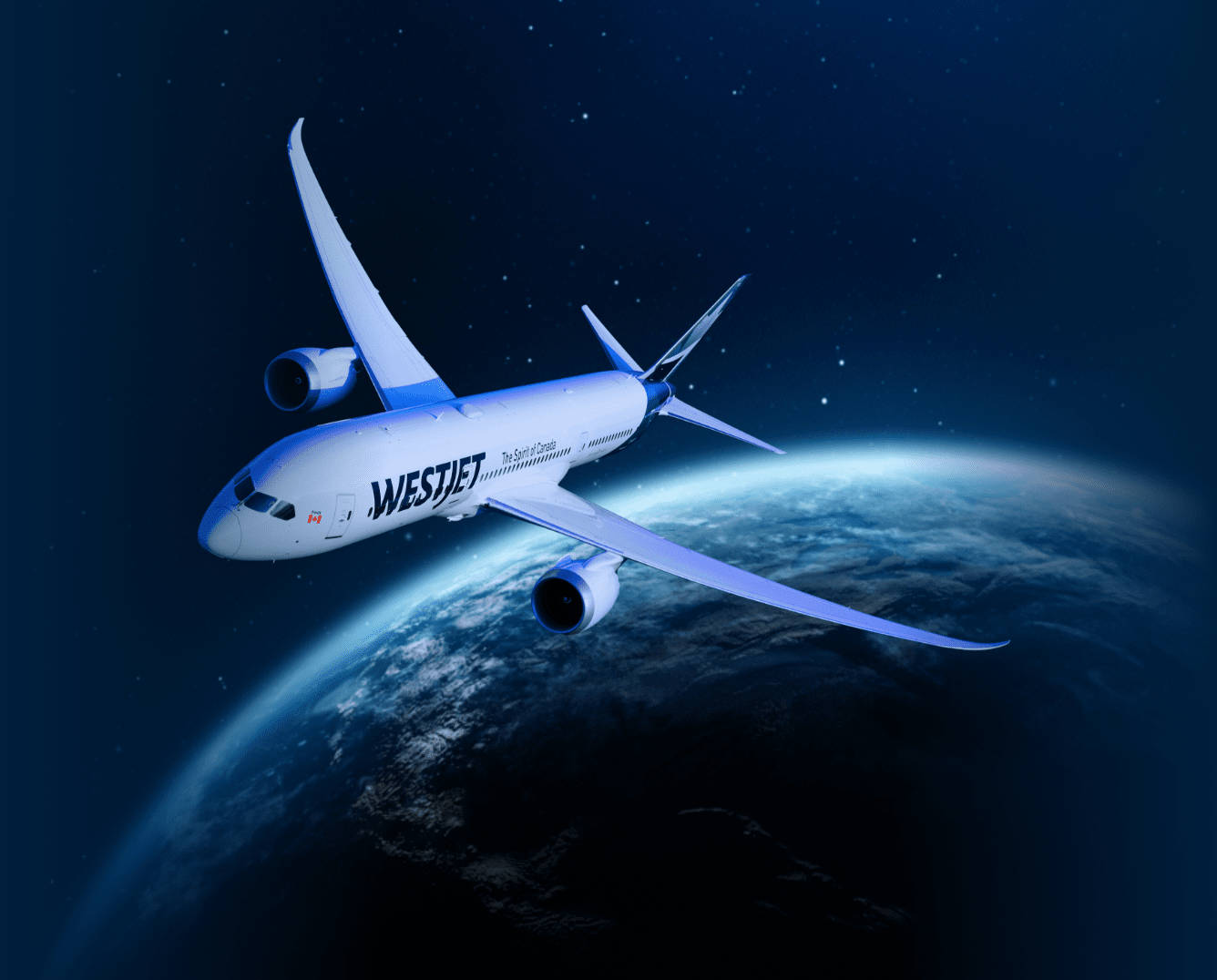 飛機 桌布 壁紙 — 一架西捷航空飛機在繁星點點的夜空下，翱翔於地球彎曲的地平線之上。
