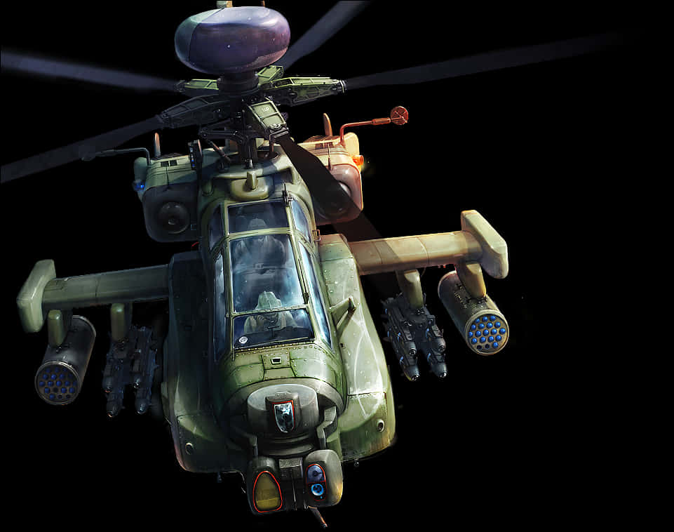 Aircraft 桌布 壁紙 — 一架詳細的軍用攻擊直升機，旋翼在黑色虛空中旋轉，裝備有飛彈吊艙和發光的駕駛艙燈光。
