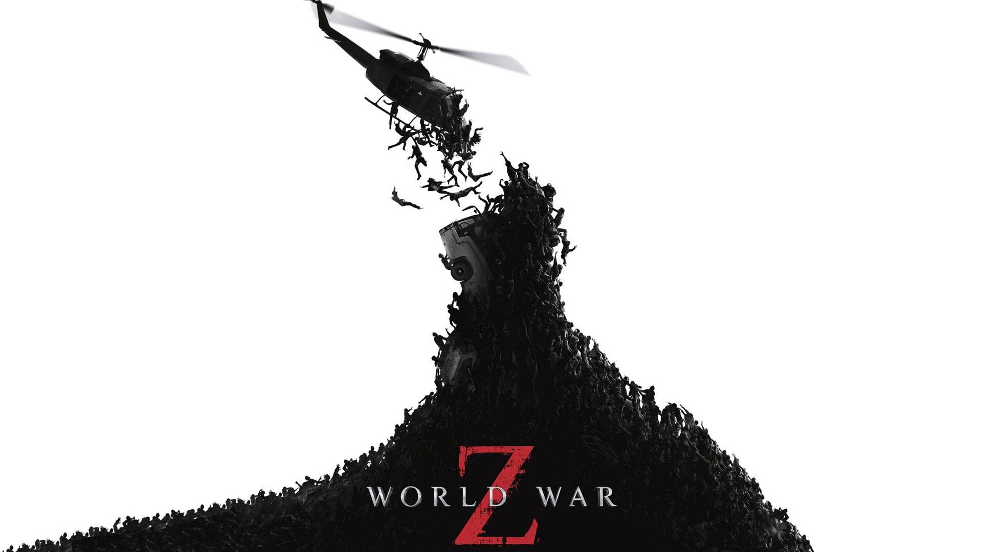 world war z game 桌布 壁紙 — 一架超載了殭屍的直升機，在純白背景上，盤旋於一堆不死生物的山丘之上。
