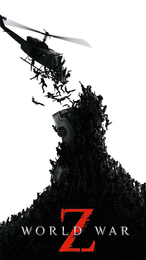 world war z game 桌布 壁紙 — 一架超載殭屍的直升機正朝一座高聳的不死生物堆下降，背景是純白色。