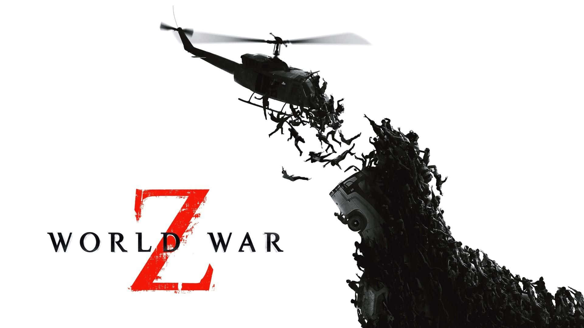 World War Z 桌布 壁紙 — 一架超載殭屍的直升機盤旋在一輛被殭屍群吞噬的汽車上方，背景為純白色。