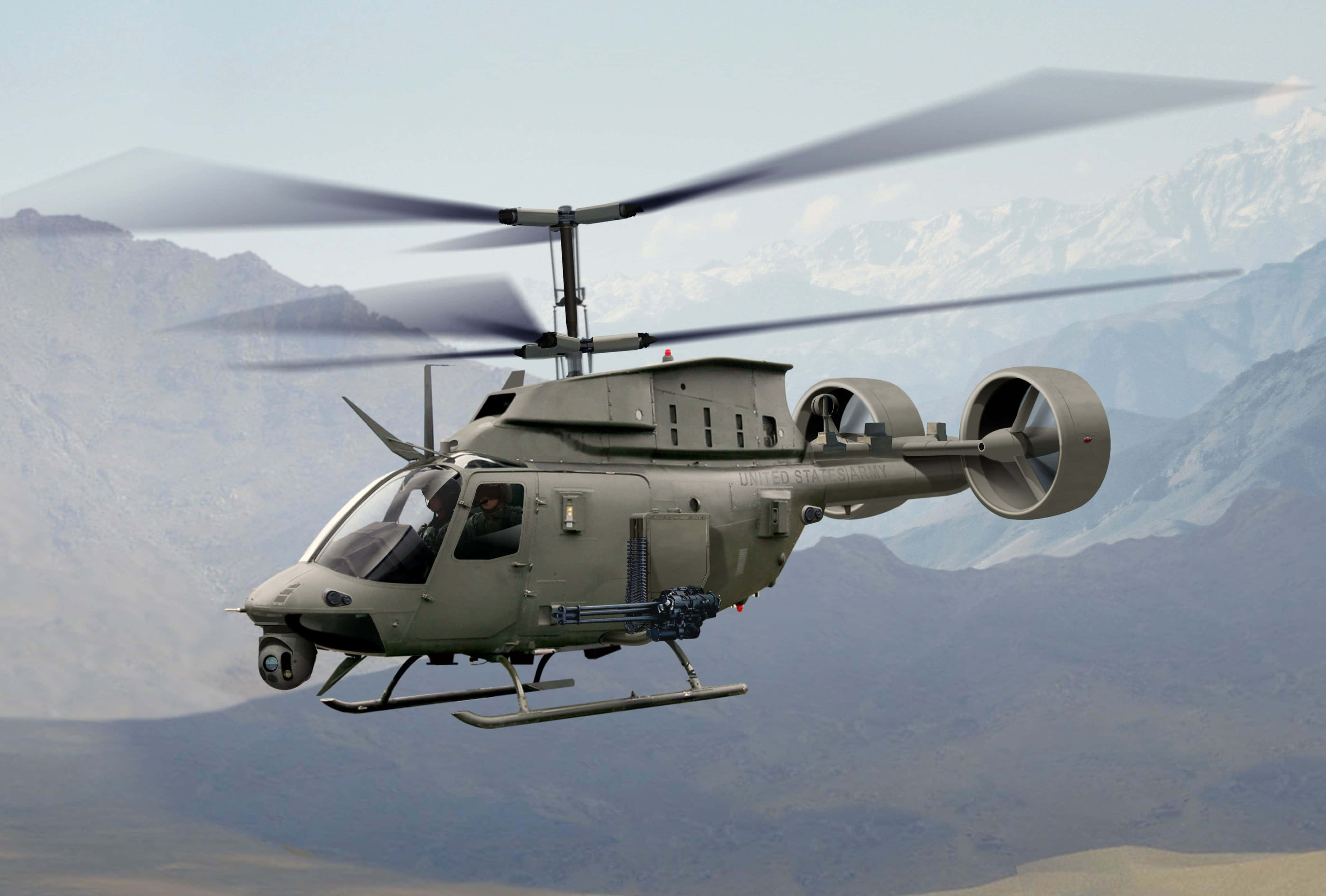 Helicopters 桌布 壁紙 — 一架軍用直升機低飛越過崎嶇的山脈，遠處有白雪覆蓋的山峰。