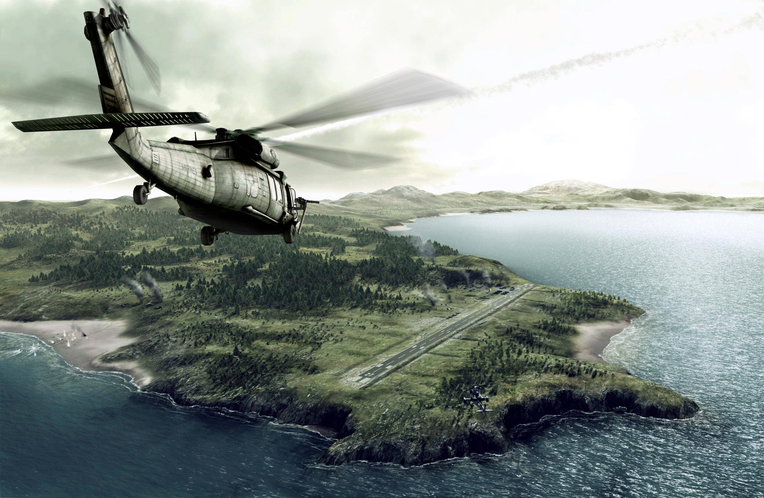 Helicopter 桌布 壁紙 — 一架軍用直升機低飛過一個沿海島嶼，島上有跑道和森林覆蓋的山丘，天空多雲。