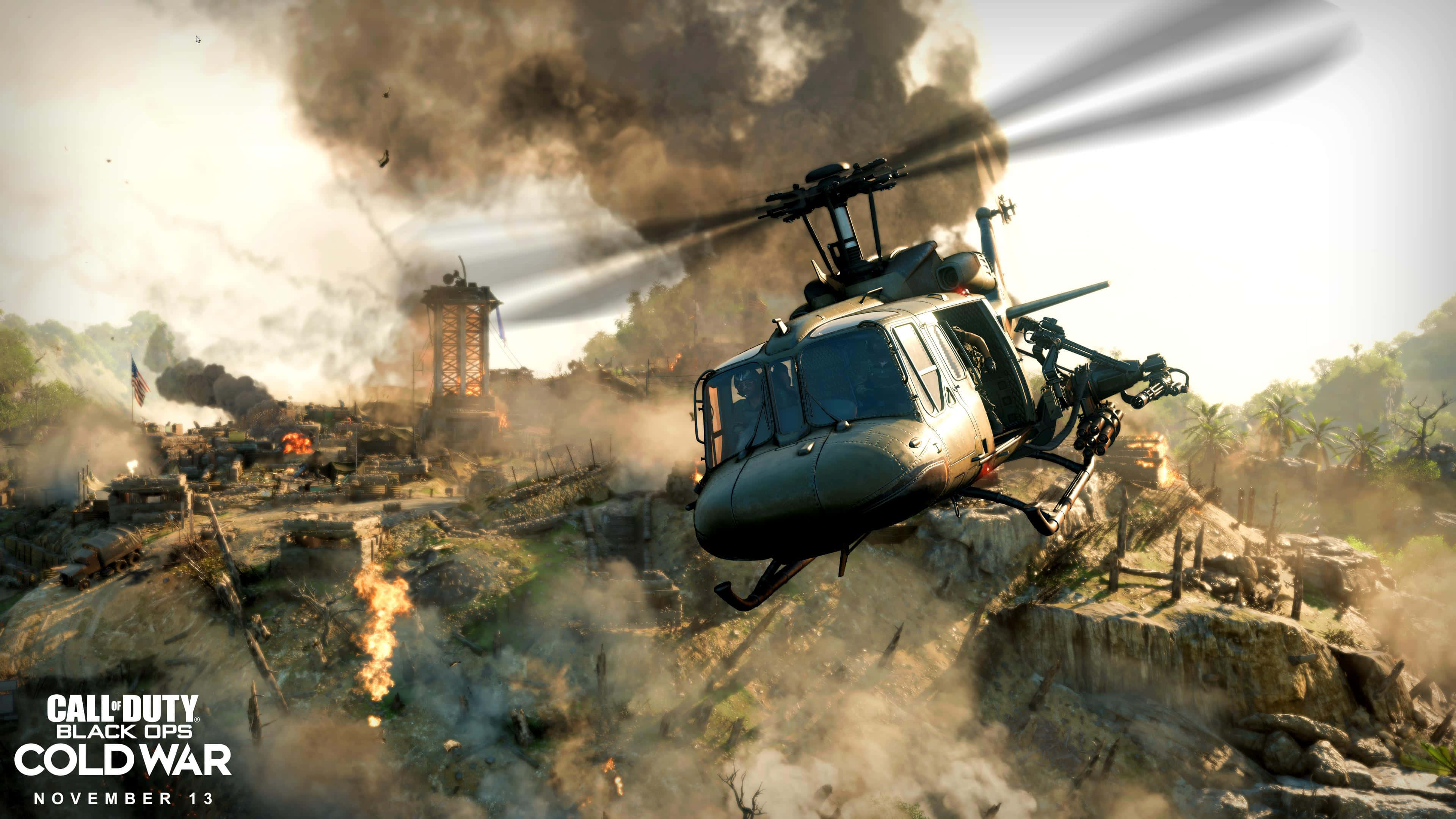 4K Call Of Duty Black Ops Cold War 桌布 壁紙 — 一架軍用直升機低飛過一個被戰爭摧殘的叢林戰場，爆炸和煙霧升騰。