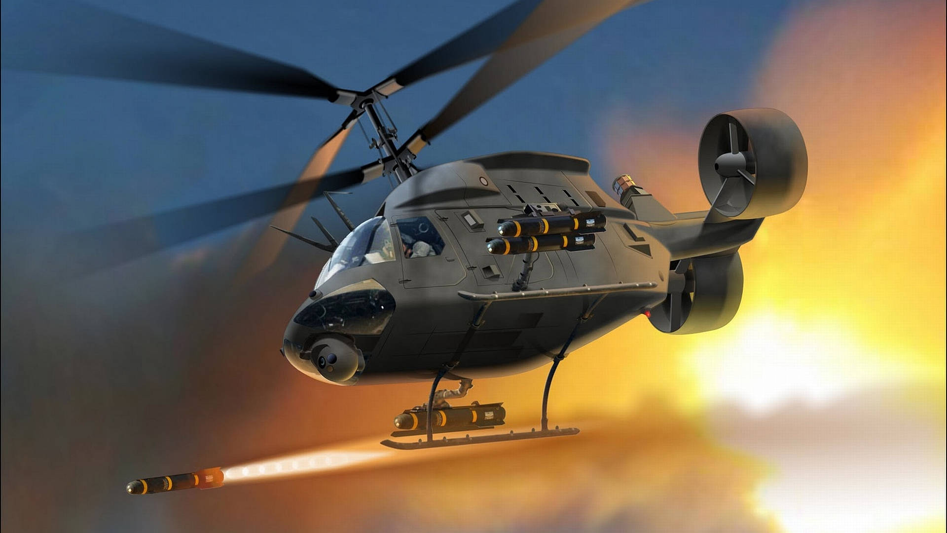 helicopter 4K 桌布 壁紙 — 一架軍用直升機向熾熱的日落天空發射導彈，旋轉的槳葉帶有動態模糊效果。