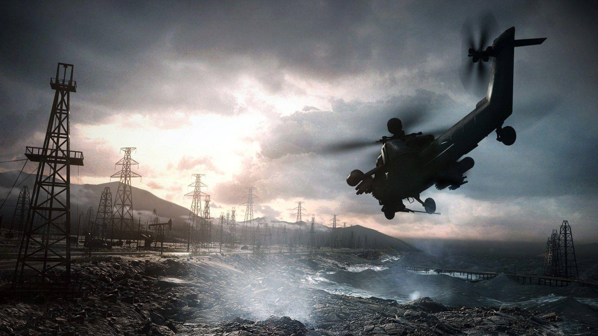 Battlefield 4 City 桌布 壁紙 — 一架軍用直升機在暴風雨的天空下，低飛越過荒涼的工業廢墟，遠方有山脈。