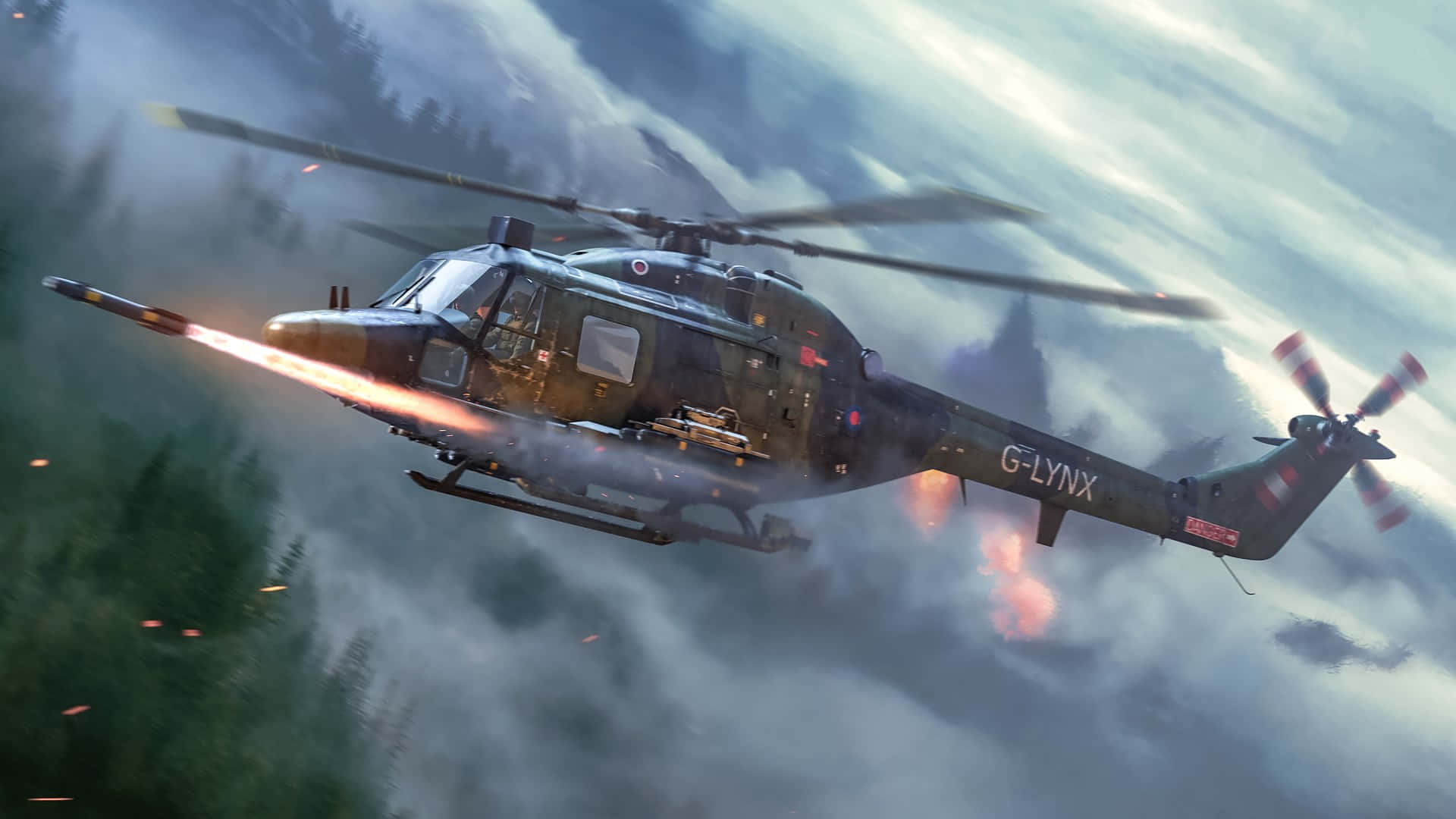 transportation 桌布 壁紙 — 一架軍用直升機在暴風雨的天空下，穿過霧氣瀰漫的森林樹冠發射飛彈。