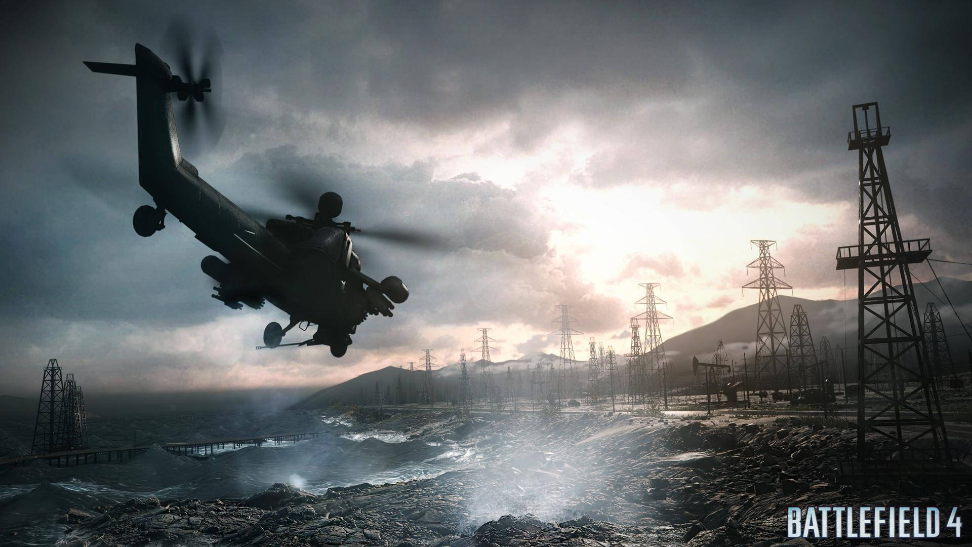 Helicopter 桌布 壁紙 — 一架軍用直升機在暴風雨的天空下低飛過一個荒涼的戰場，有電線和山脈。