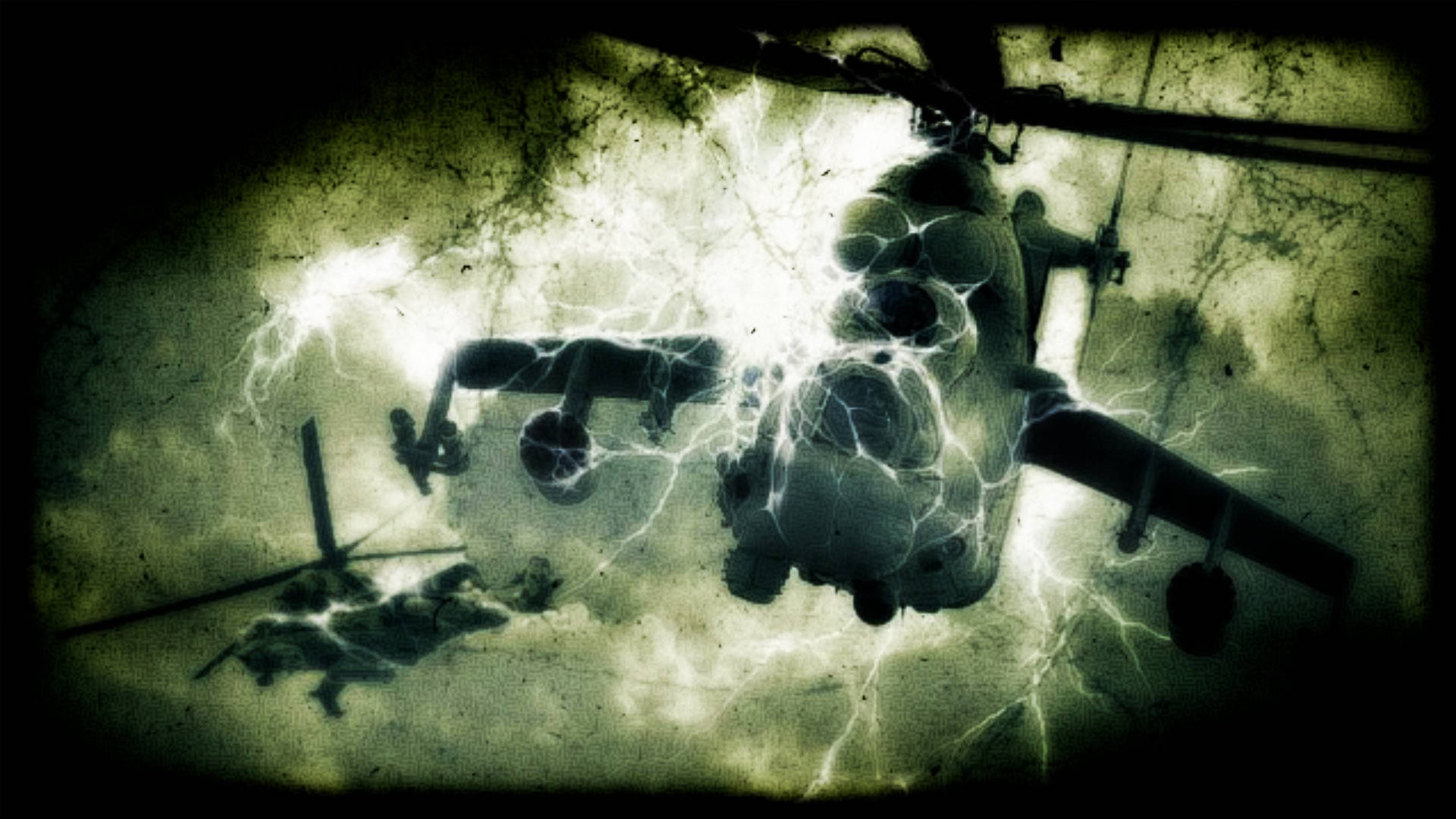 Stalker 桌布 壁紙 — 一架軍用直升機在暴風雨的綠色天空中，被電閃雷鳴所包圍。