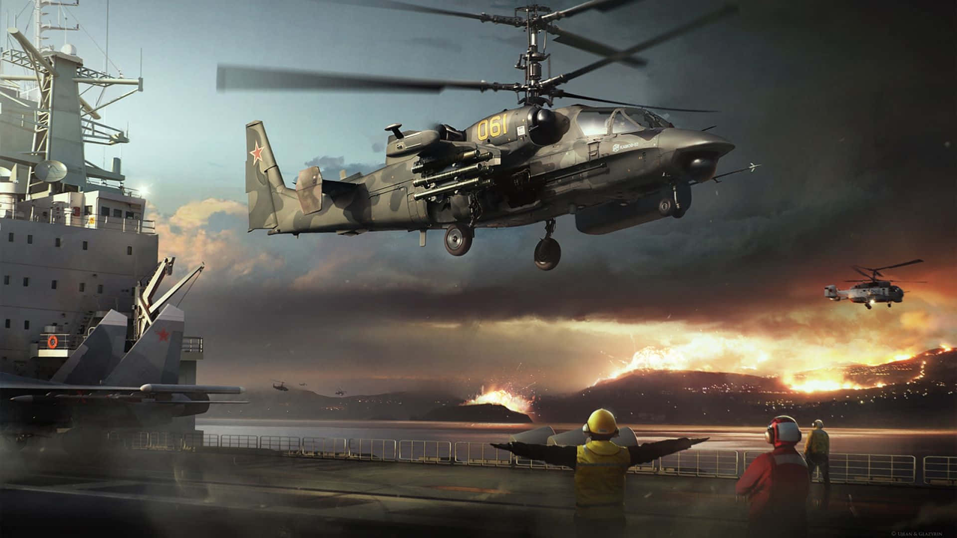 Men 桌布 壁紙 — 一架軍用直升機在航空母艦上空盤旋，機組人員在熾熱的海岸背景下指揮行動。