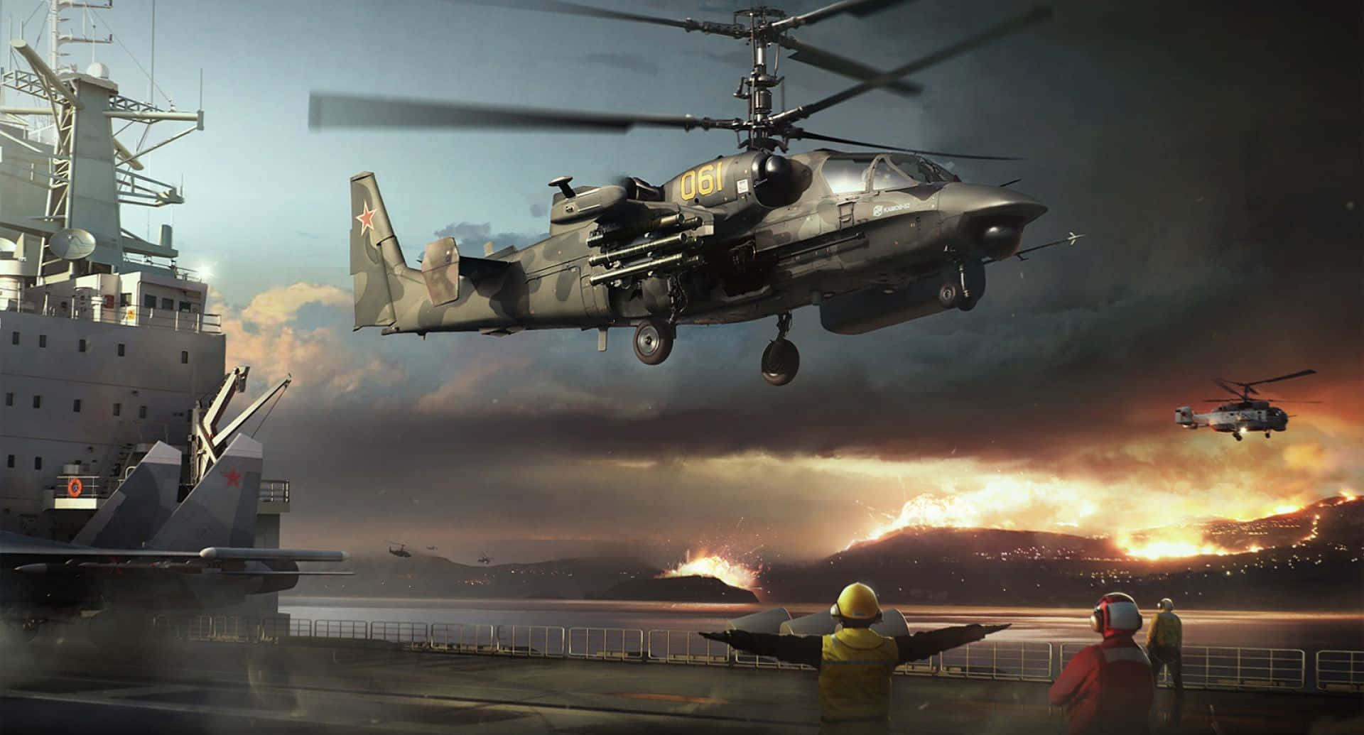 Helicopter 桌布 壁紙 — 一架軍用直升機在航空母艦上空盤旋，機組人員在熾熱的日落背景下指揮行動。