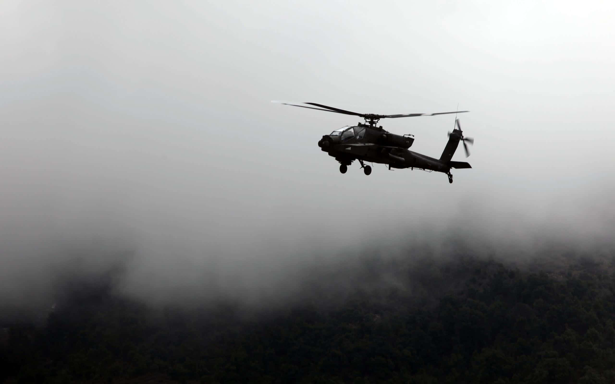 Helicopters 桌布 壁紙 — 一架軍用直升機在霧濛濛的天空中呈現剪影，盤旋在茂密的森林樹冠之上。