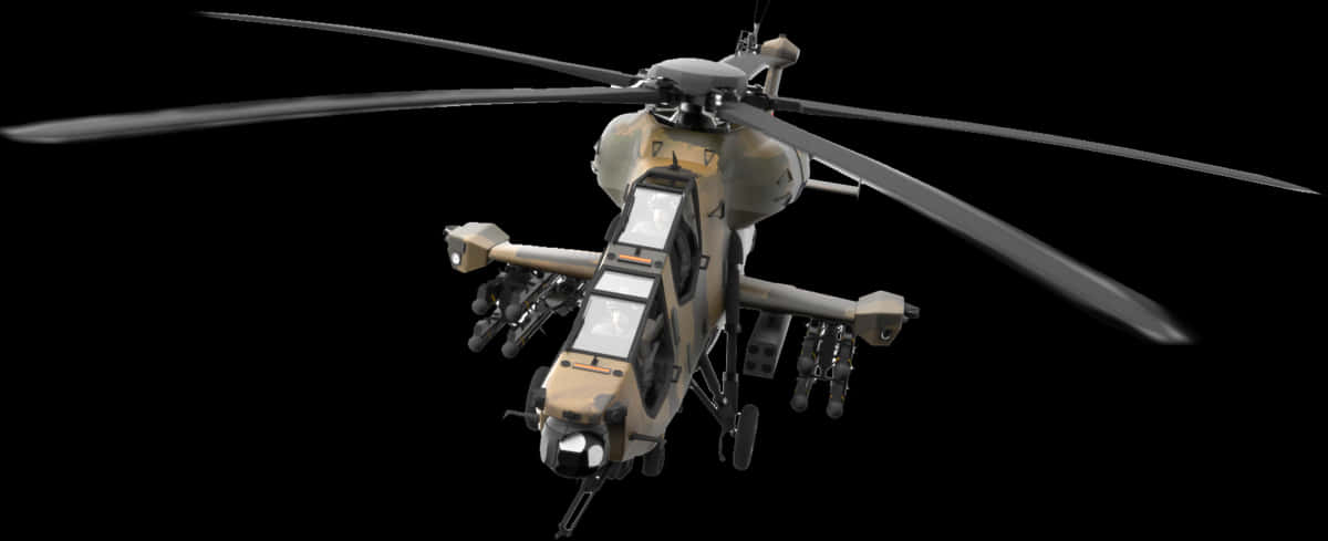Aircraft 桌布 壁紙 — 一架軍用直升機帶有迷彩塗裝和安裝的武器，在純黑色背景上盤旋。