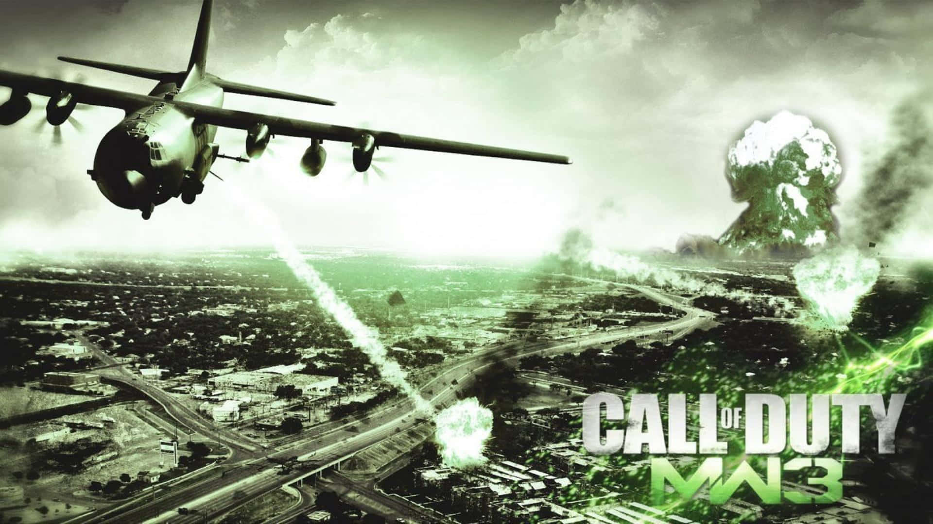 飛機 桌布 壁紙 — 一架軍用運輸機在城市上空投擲炸彈，爆炸產生綠色煙霧。