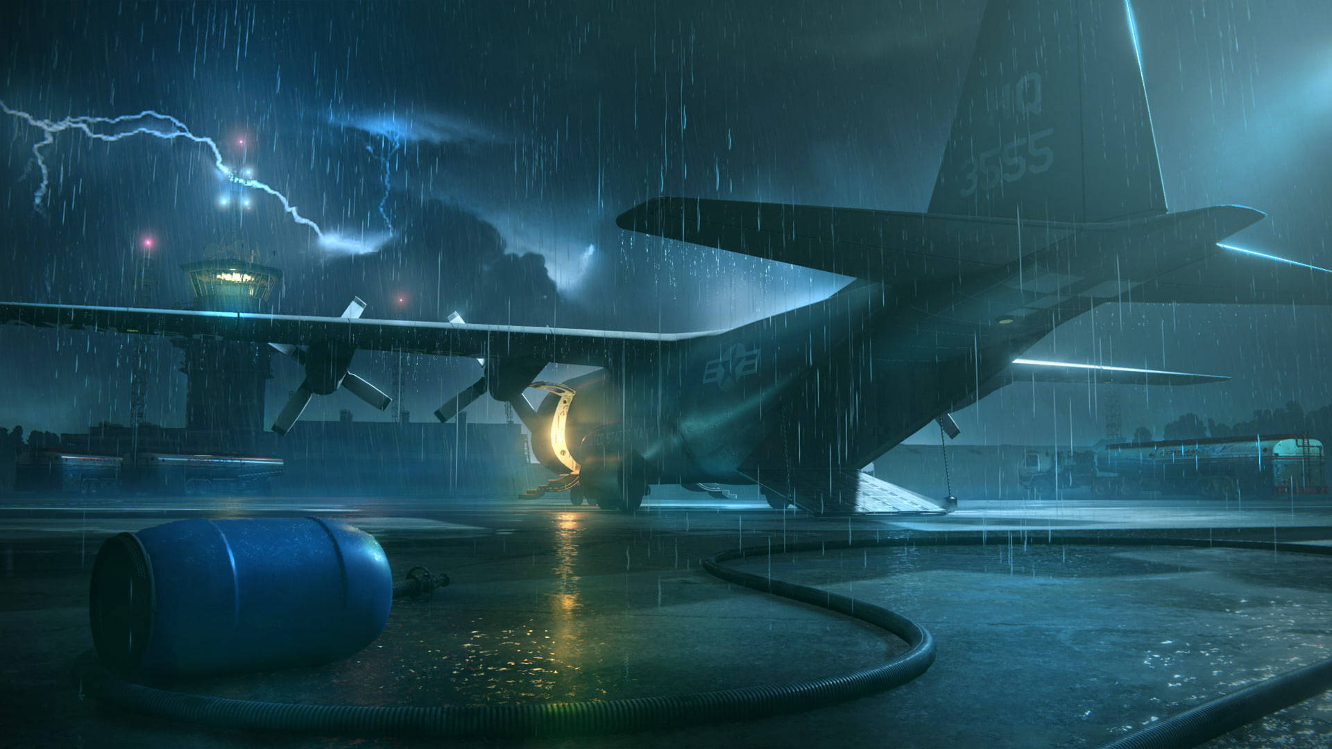 殭屍動圖 桌布 壁紙 — 一架軍用飛機停在濕滑的停機坪上，暴風雨的天空中閃電照亮了場景。