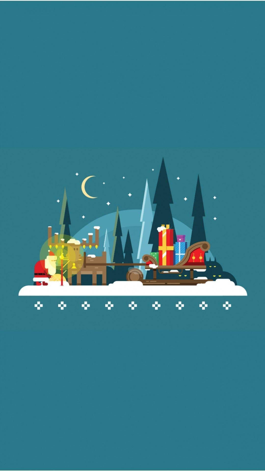 新月下，夜間雪地森林中載滿禮物的雪橇。 — 簡約 Android 桌布 壁紙