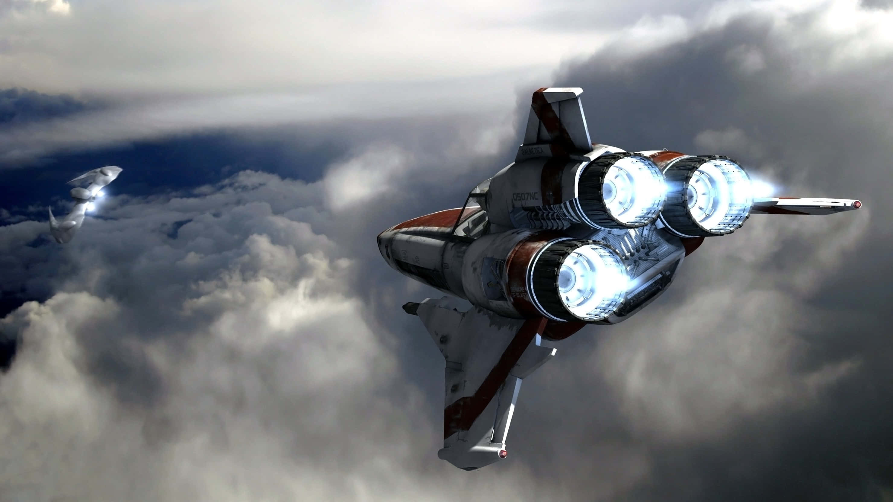Spacecraft 桌布 壁紙 — 一架配備發光引擎的未來戰機在暴風雲層上方翱翔，另一架飛機緊隨其後。