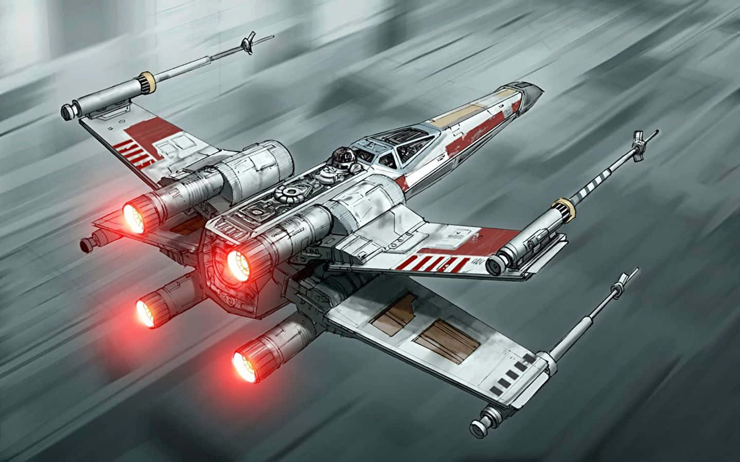 Star Wars X Wing 桌布 壁紙 — 一架配備發光紅色引擎的星際戰機，在動態運動中劃過模糊的灰色天空。